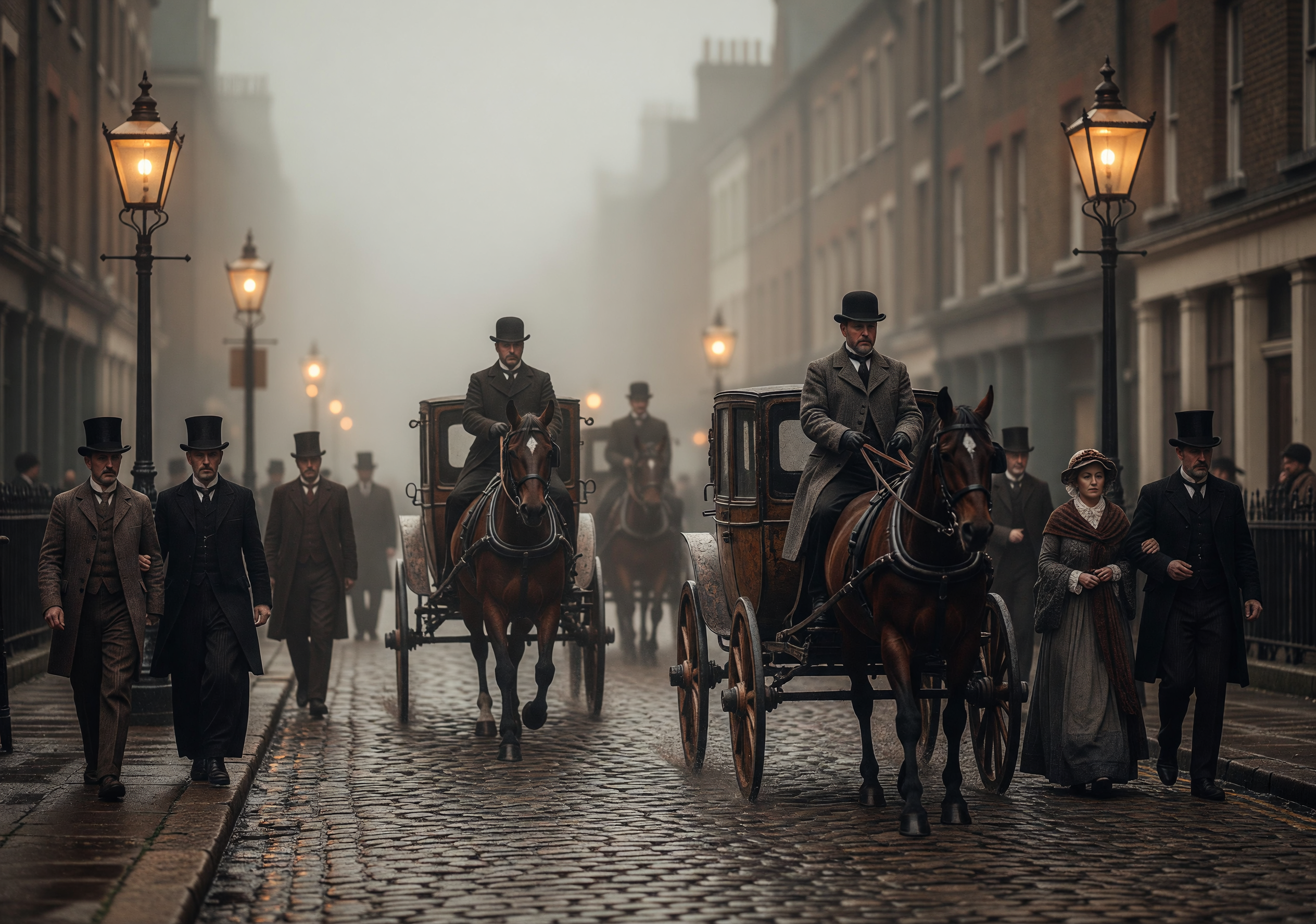 Foggy 1890s London Street with Horse Carriages and Gaslights