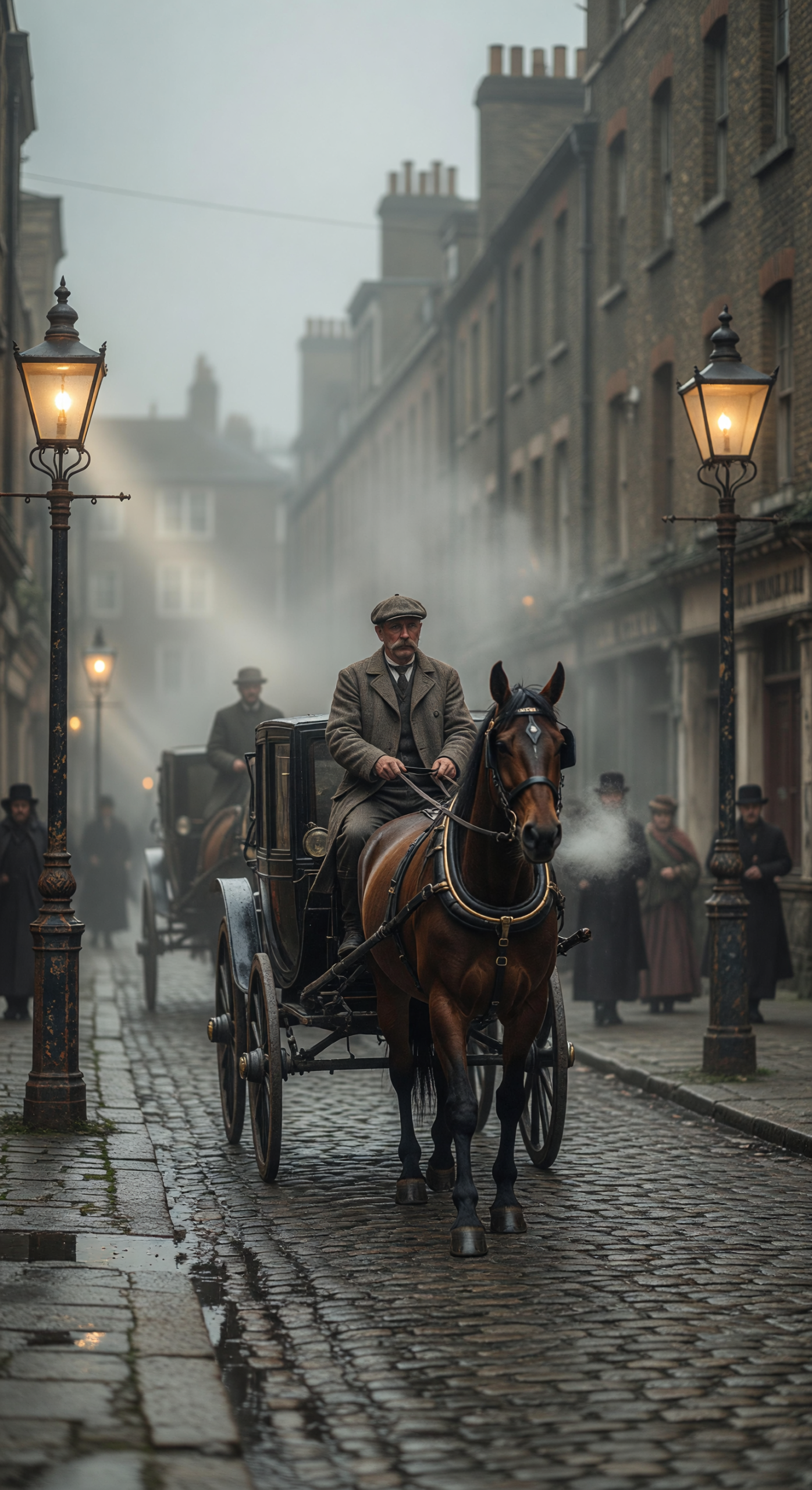 Foggy 1890s London Street with Horse-Drawn Carriage
