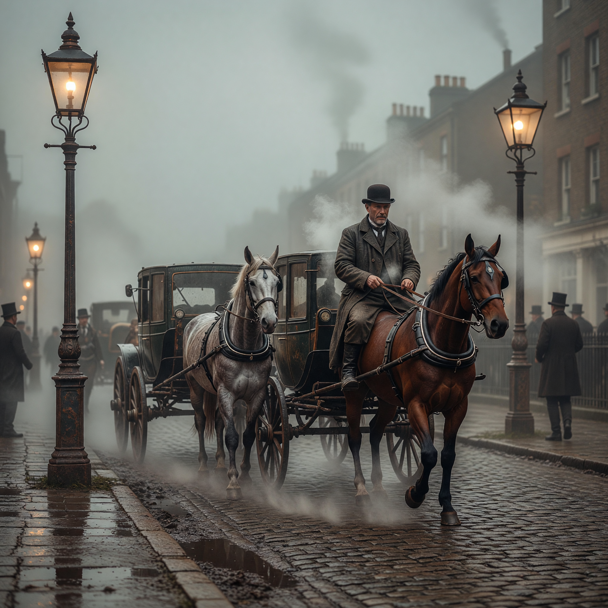 Foggy 1890s London Street with Horse-Drawn Carriage