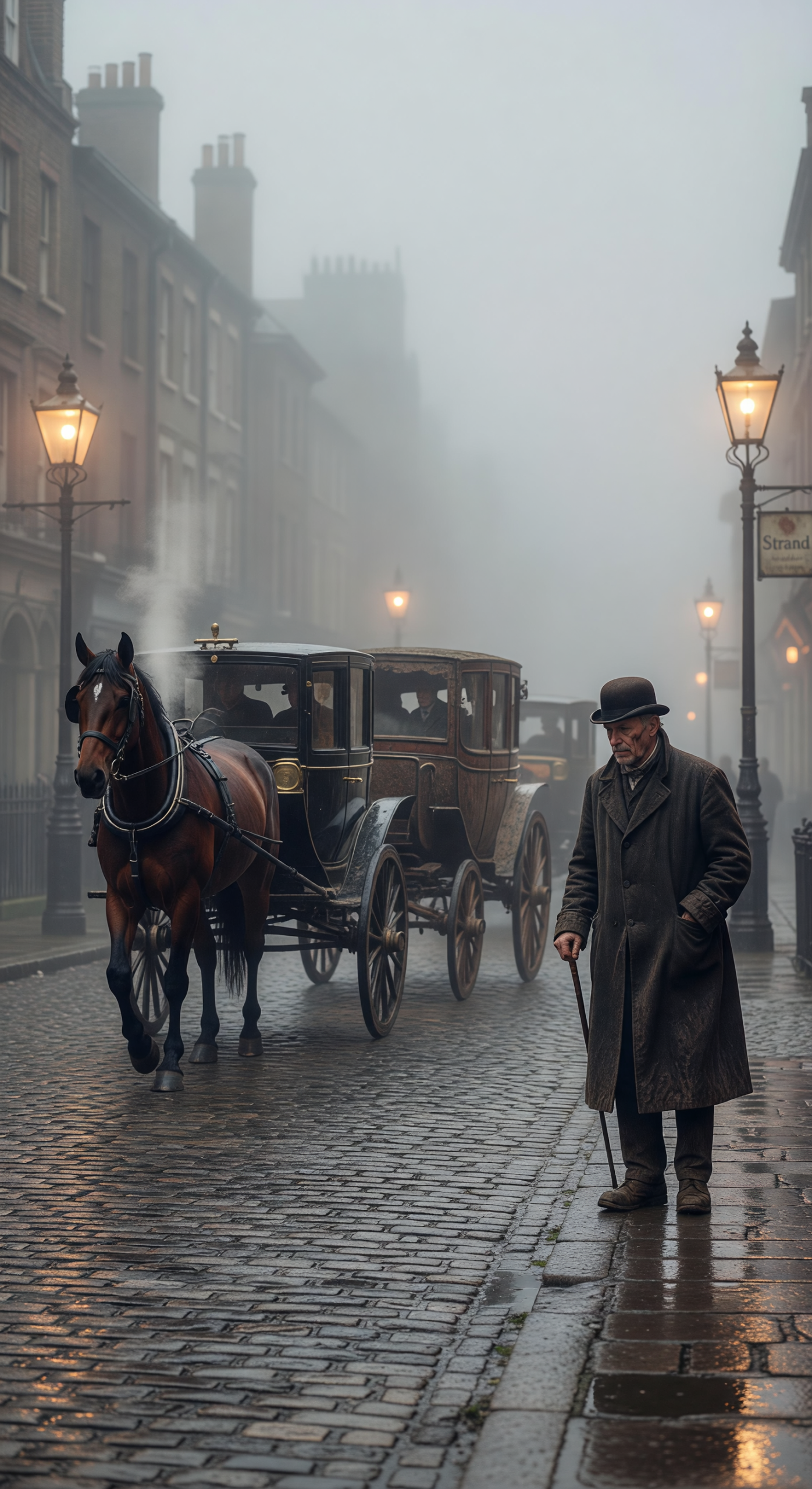 Foggy 1890s London Street with Horse-Drawn Carriage and Elderly Man