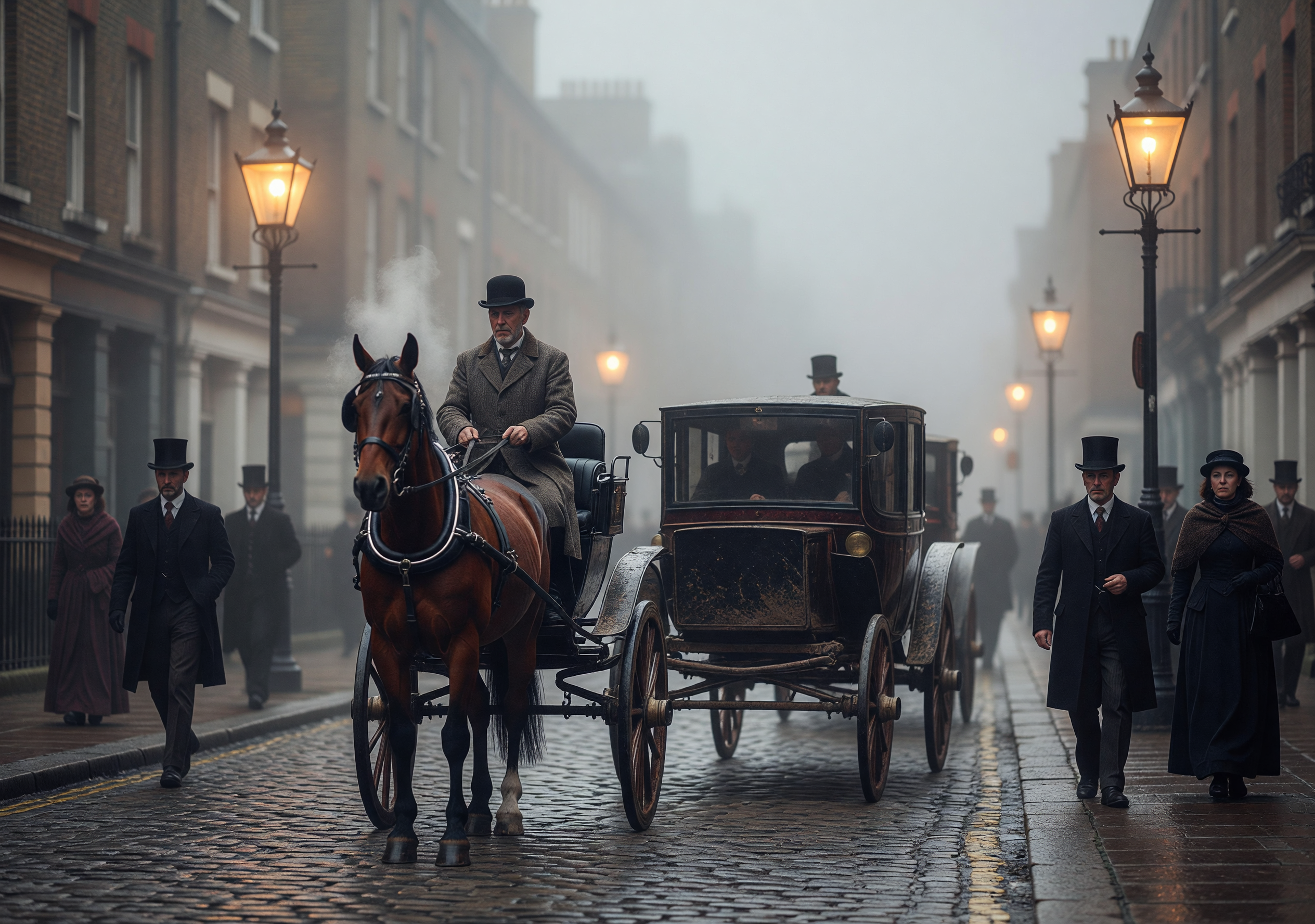 Foggy 1890s London Street with Horse-Drawn Carriage and Gaslights
