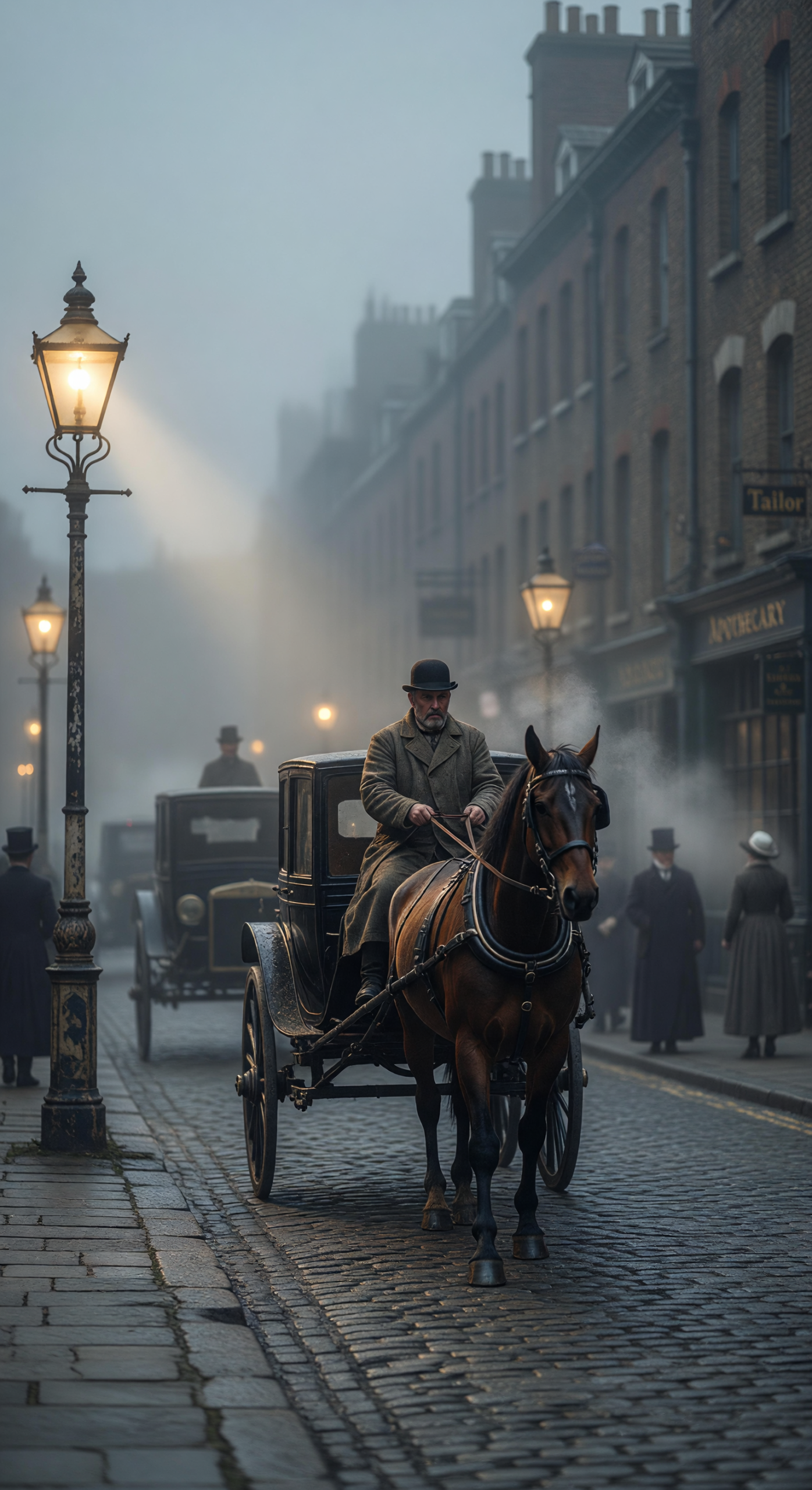 Foggy 1890s London Street with Horse-Drawn Carriage and Gaslights