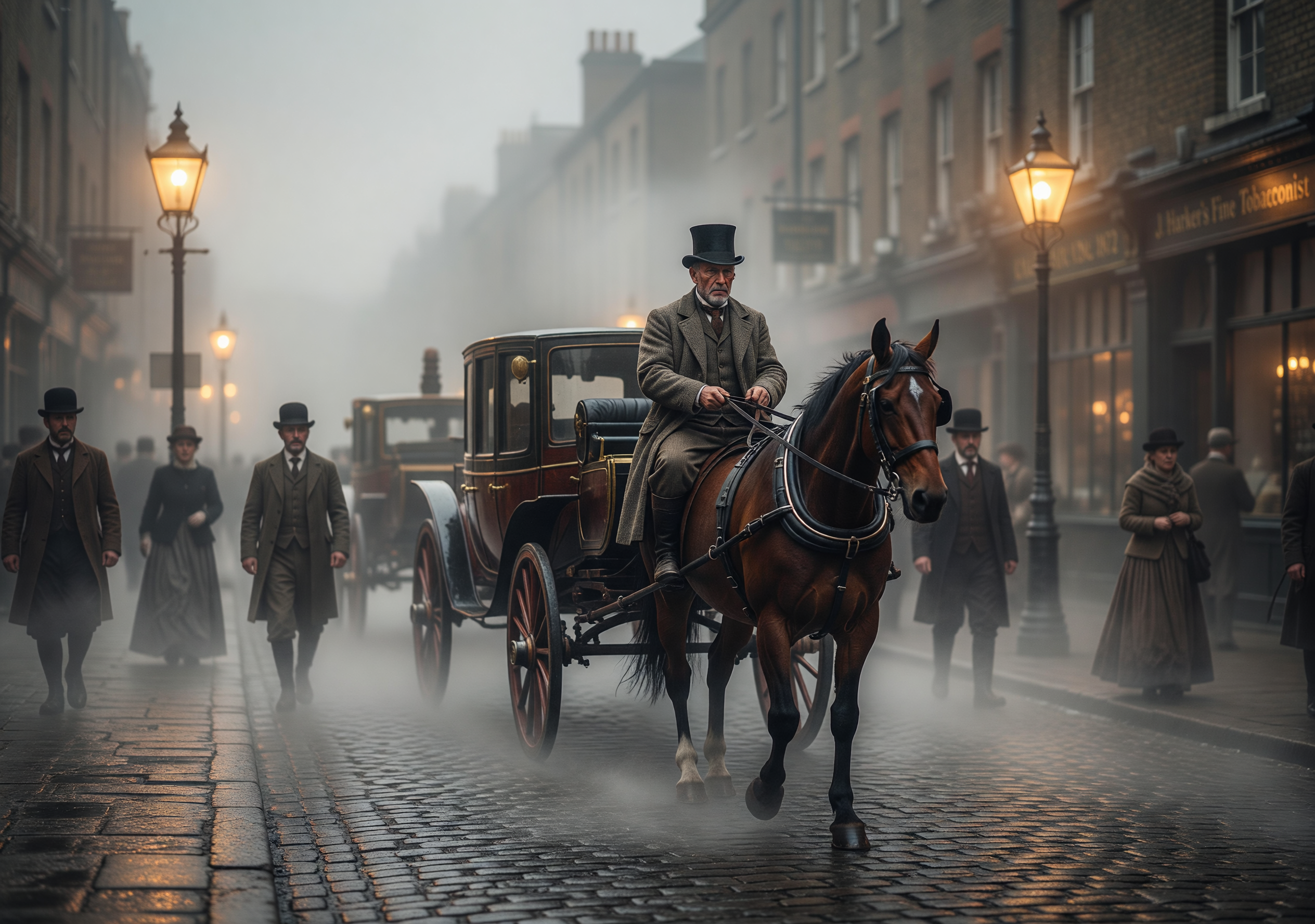 Foggy 1890s London Street with Horse-Drawn Carriage and Gaslights