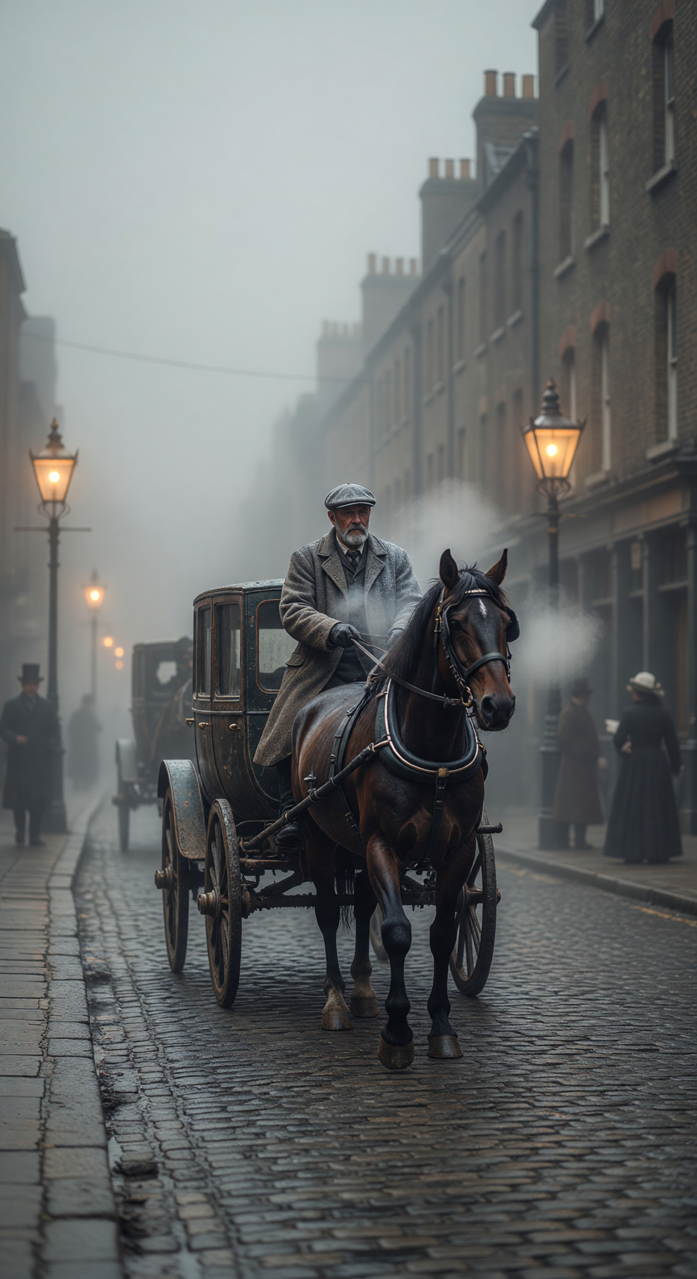 Foggy 1890s London Street with Horse-Drawn Carriage and Gaslights
