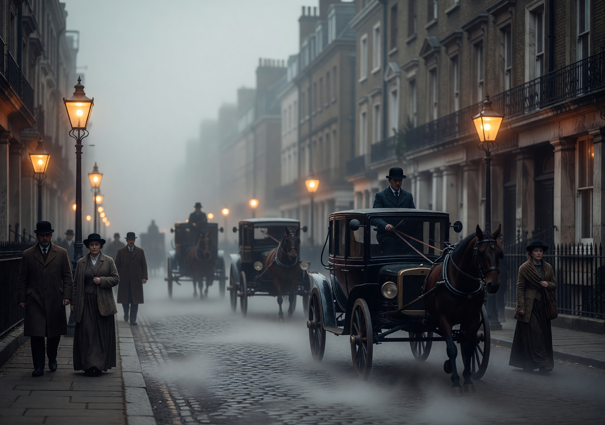 Foggy 1890s London Street with Horse-Drawn Carriages