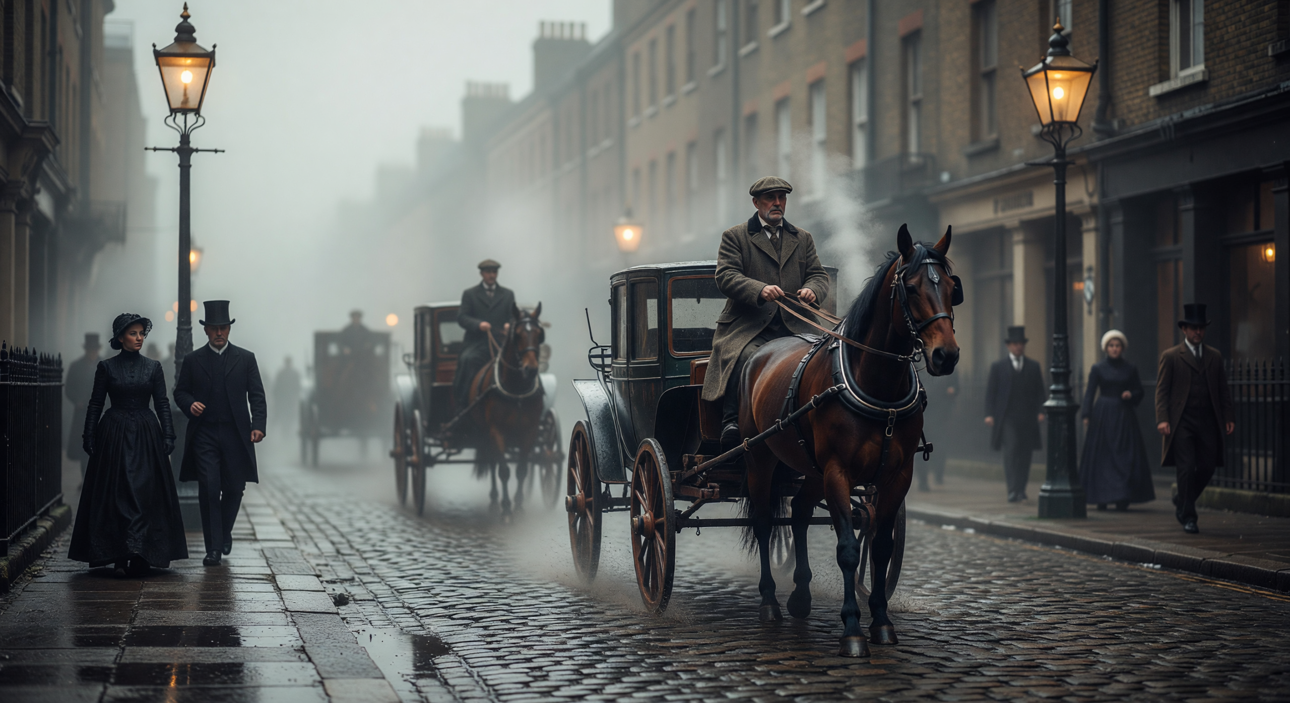 Foggy 1890s London Street with Horse-Drawn Carriages
