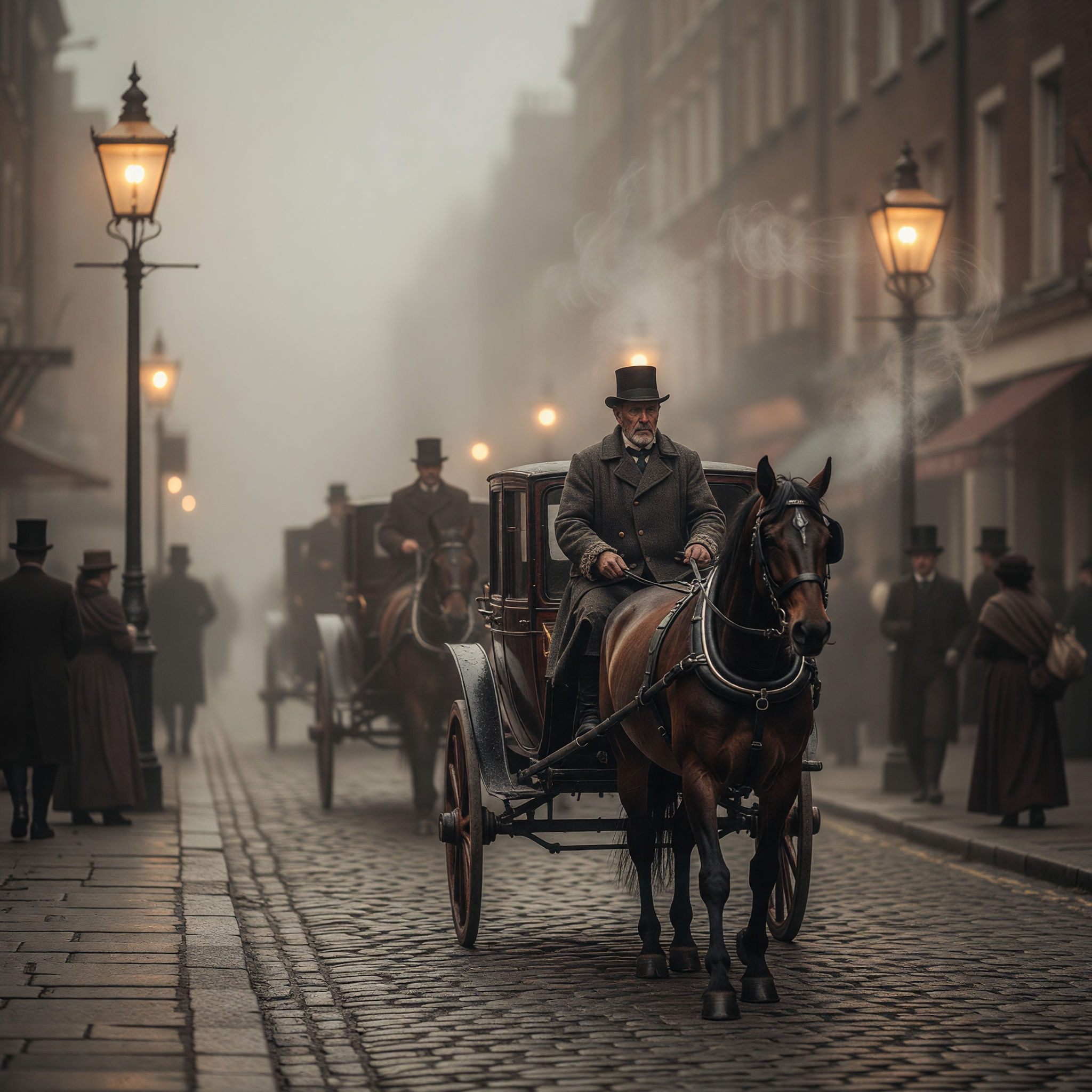 Foggy 1890s London Street with Horse-Drawn Carriages
