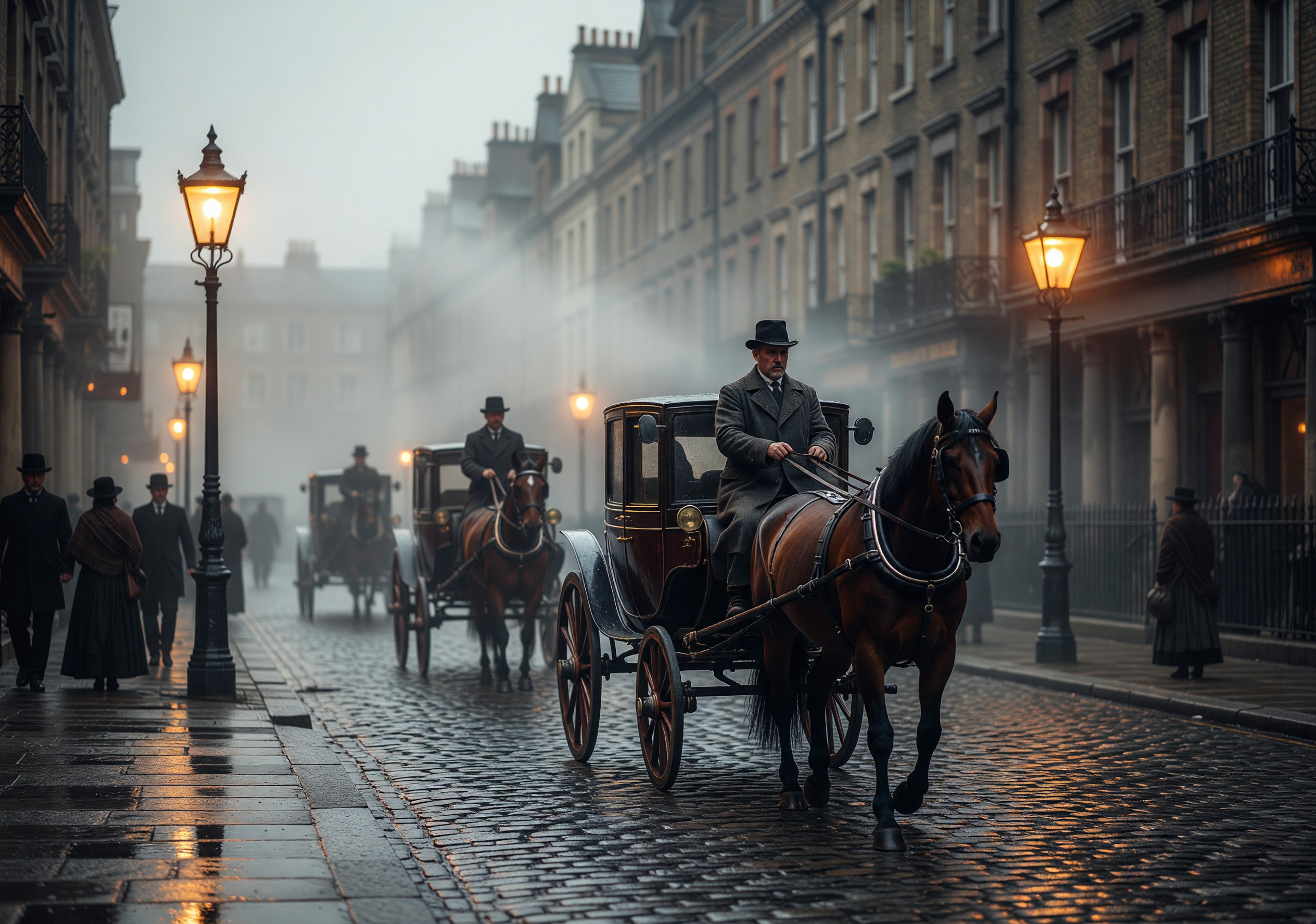 Foggy 1890s London Street with Horse-Drawn Carriages
