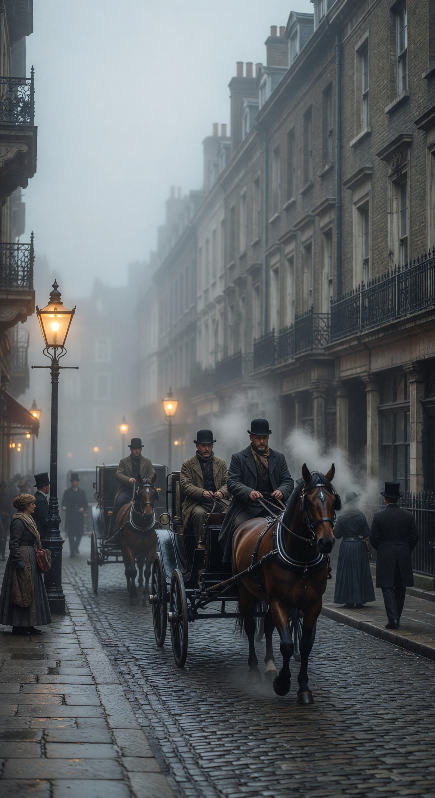Foggy 1890s London Street with Horse-Drawn Carriages