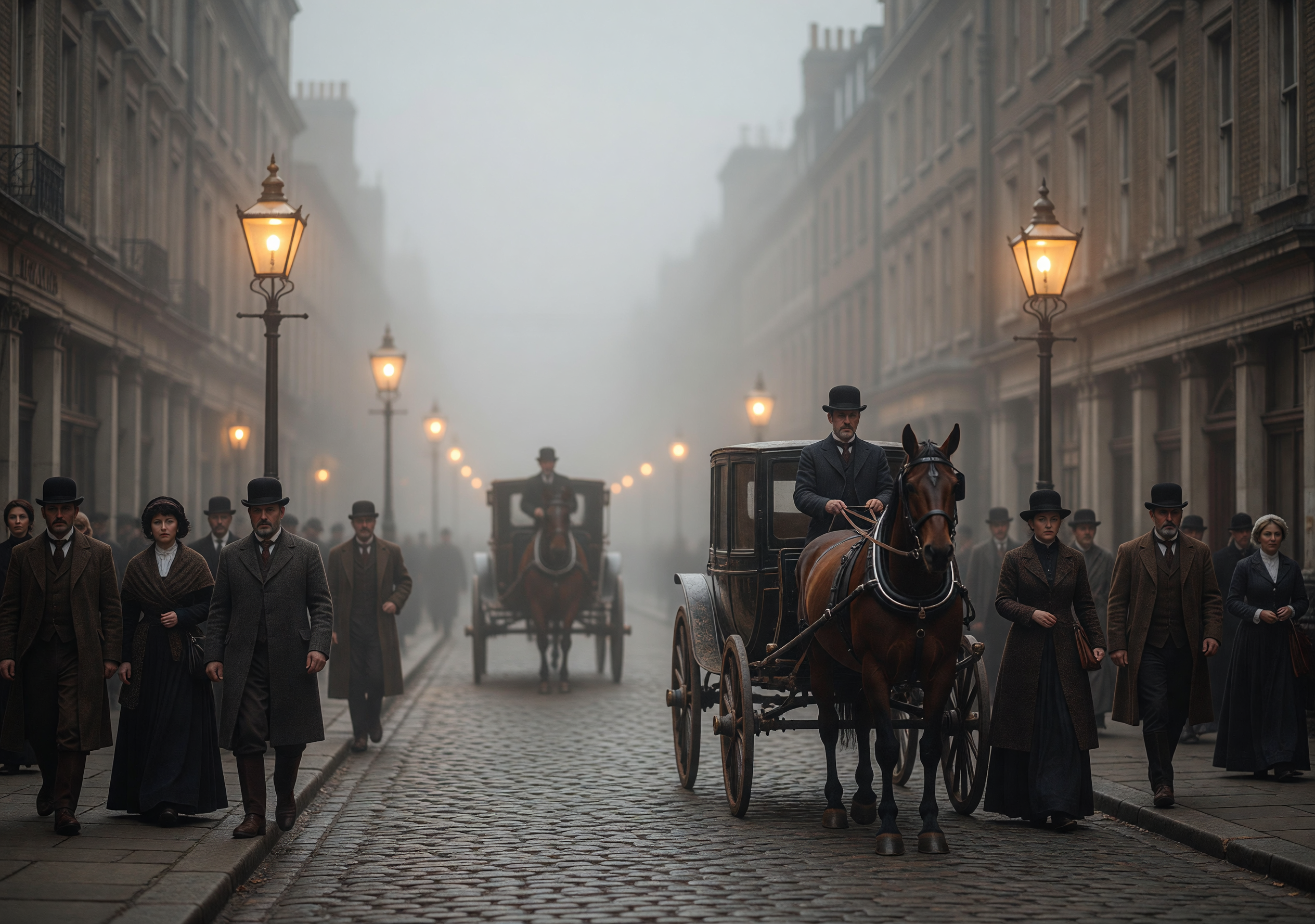 Foggy 1890s London Street with Horse-Drawn Carriages