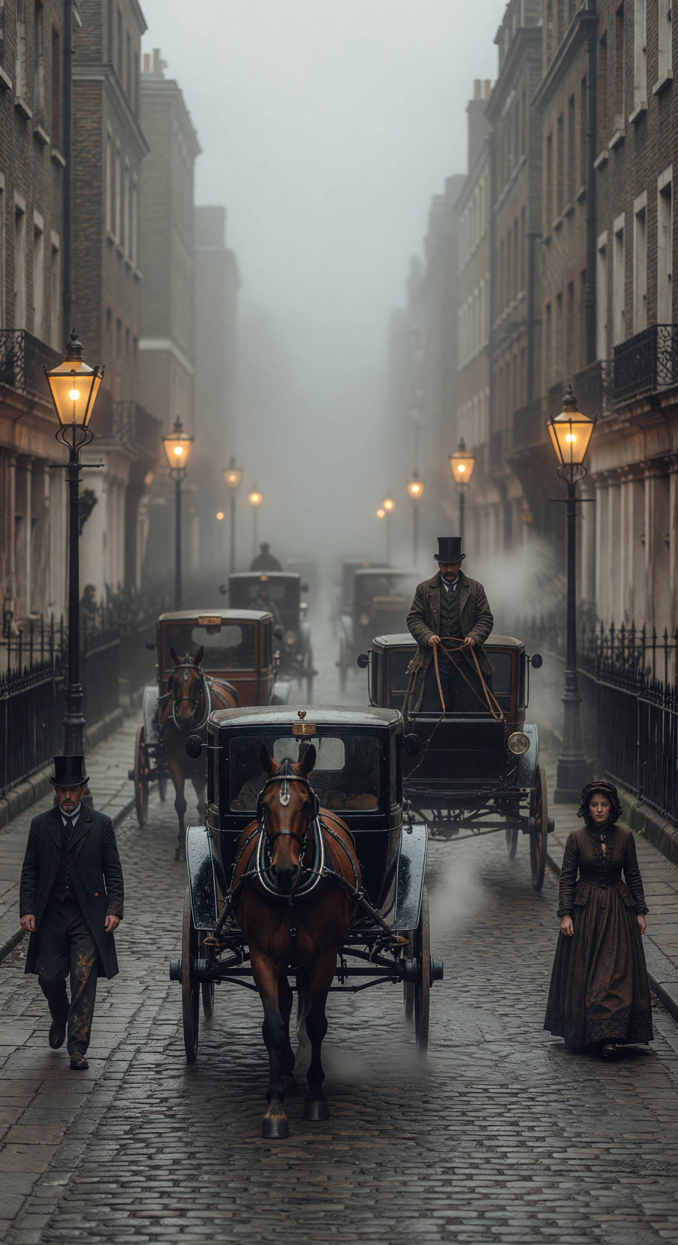 Foggy 1890s London Street with Horse-Drawn Carriages