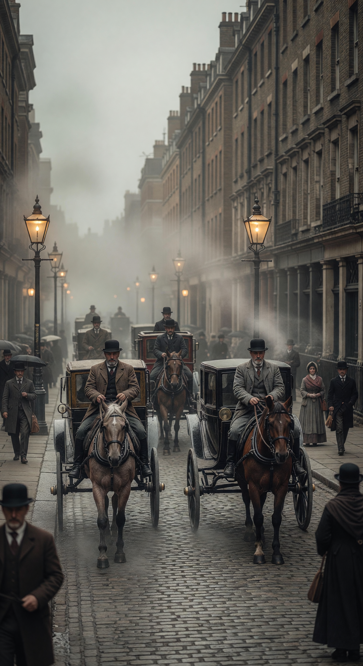 Foggy 1890s London Street with Horse-Drawn Carriages