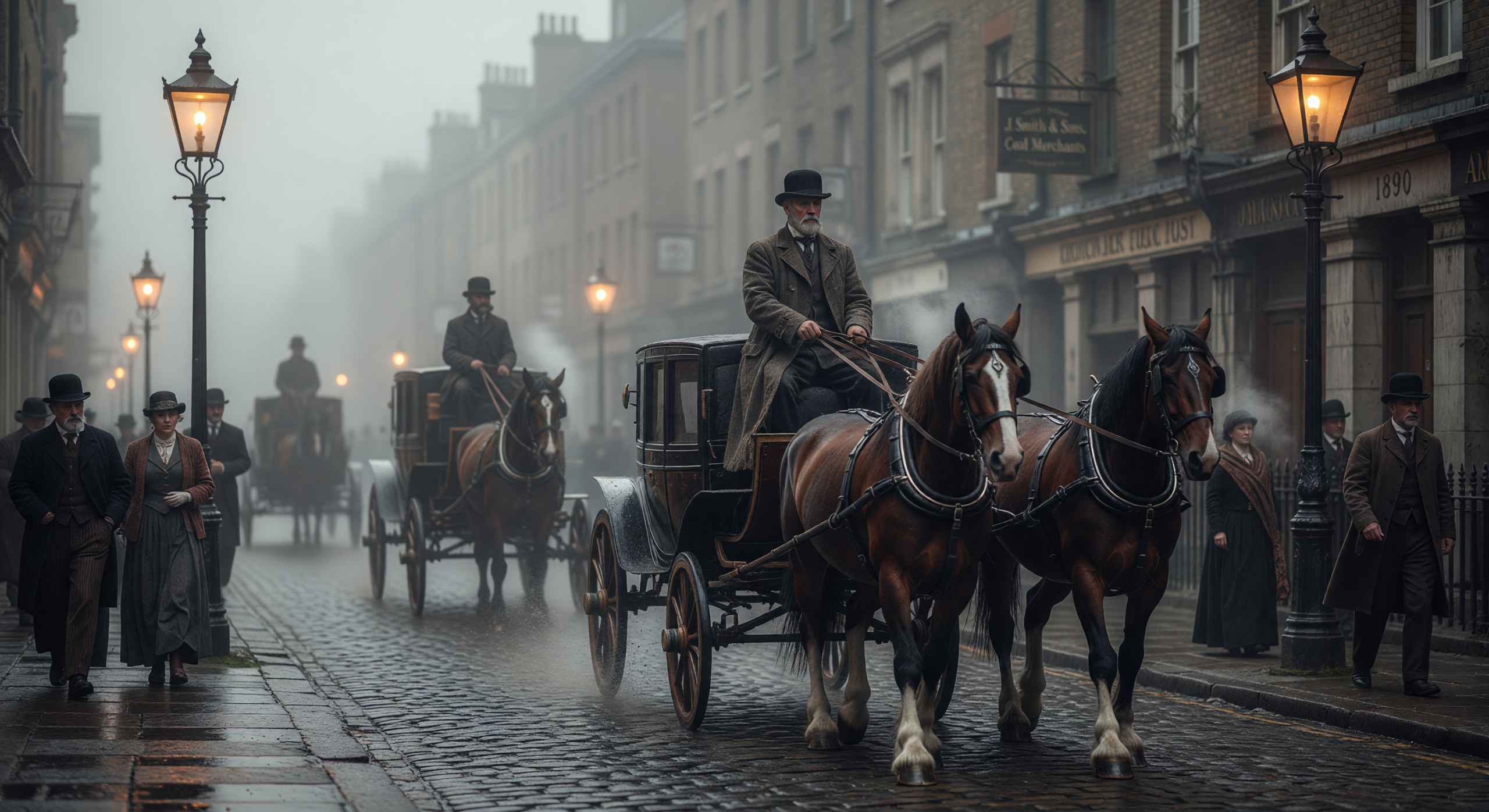 Foggy 1890s London Street with Horse-Drawn Carriages and Gaslights