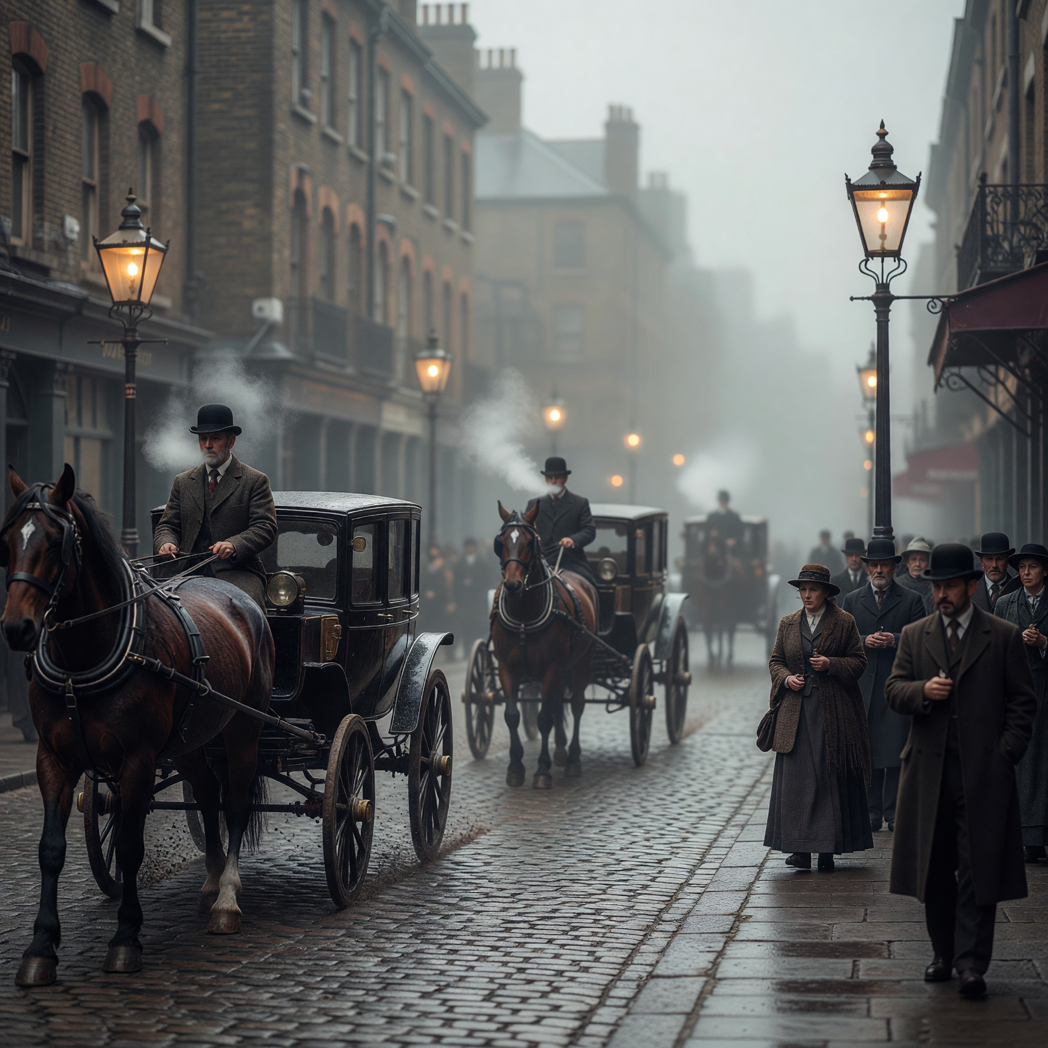 Foggy 1890s London Street with Horse-Drawn Carriages and Gaslights