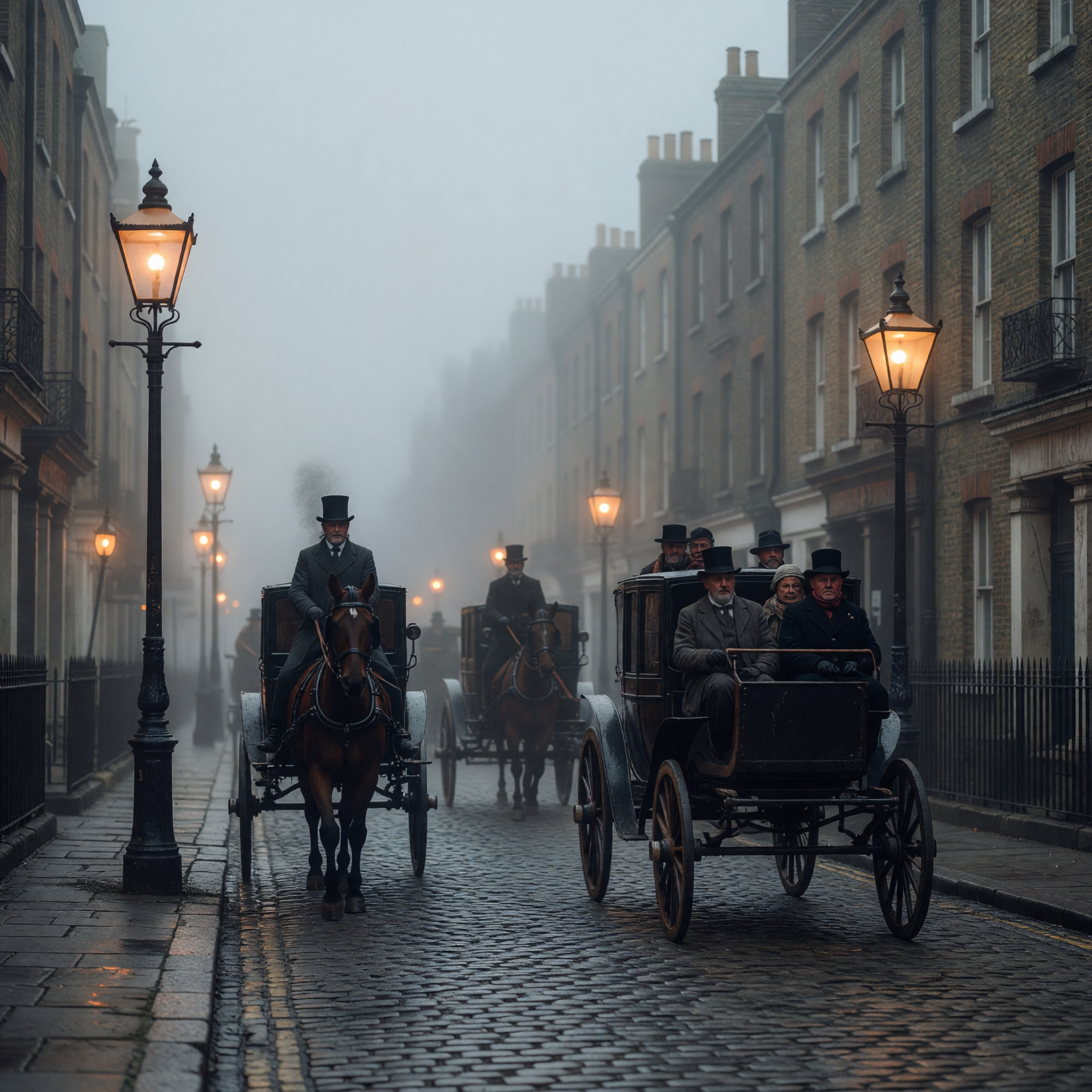 Foggy 1890s London Street with Horse-Drawn Carriages and Gaslights