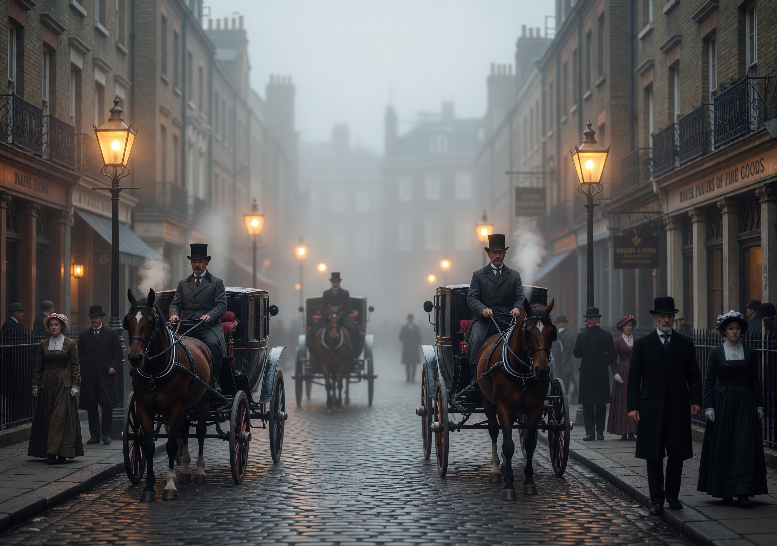 Foggy 1890s London Street with Horse-Drawn Carriages and Gaslights