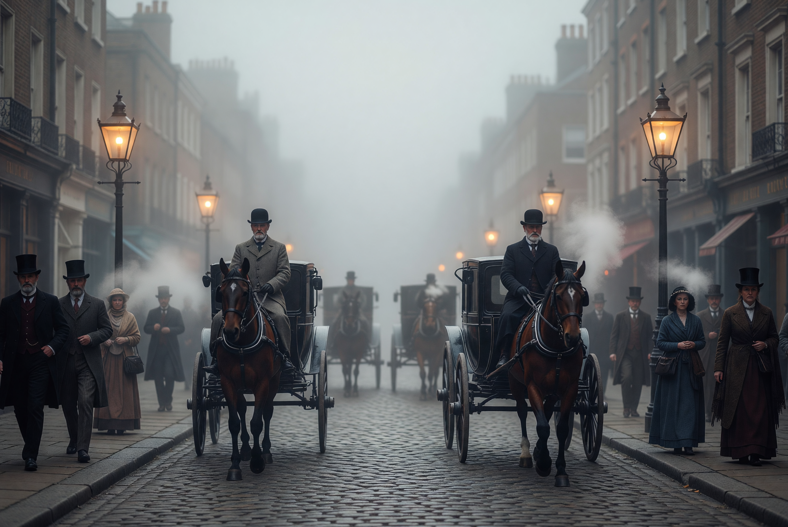 Foggy 1890s London Street with Horse-Drawn Carriages and Gaslights
