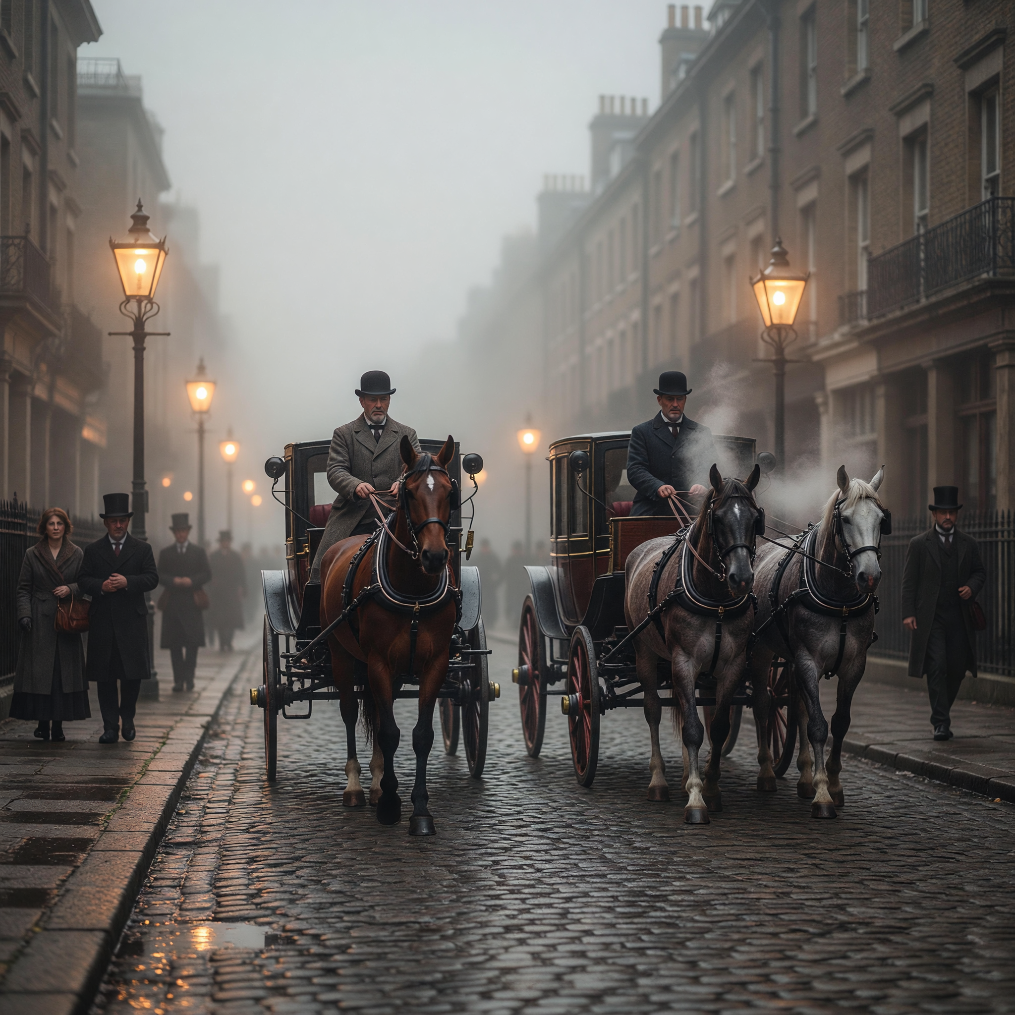 Foggy 1890s London Street with Horse-Drawn Carriages and Gaslights