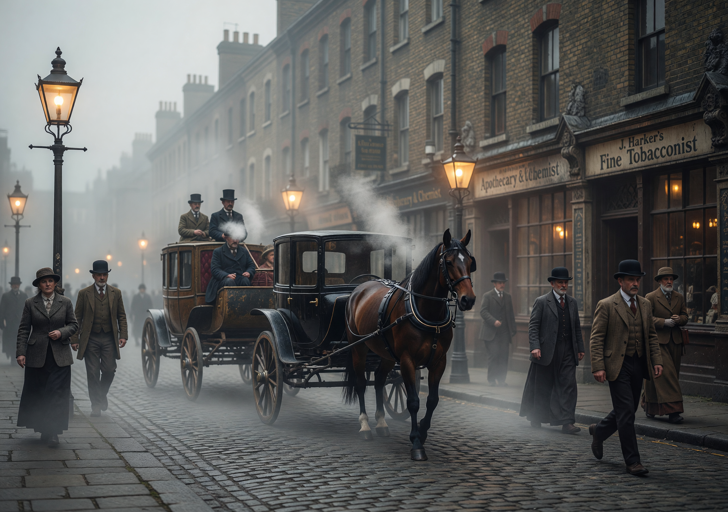 Foggy 1890s London Street with Horse-Drawn Carriages and Gaslights