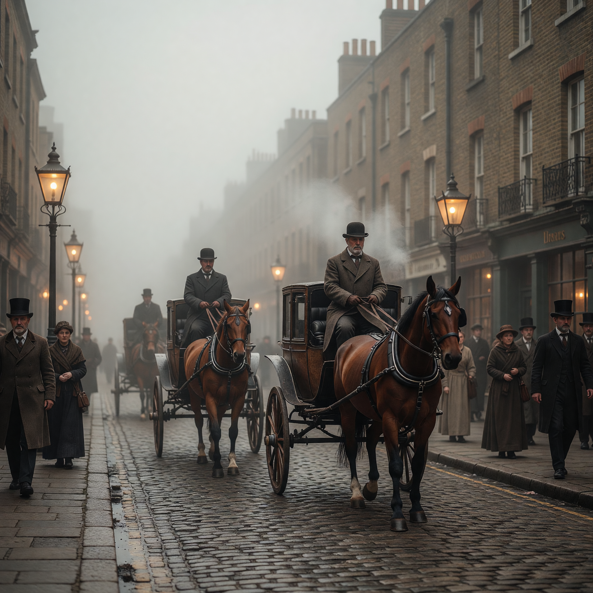 Foggy 1890s London Street with Horse-Drawn Carriages and Gaslights