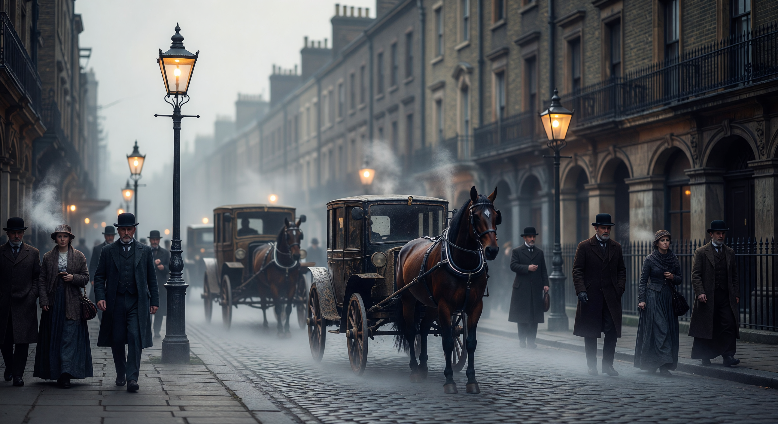 Foggy 1890s London Street with Horse-Drawn Carriages and Gaslights