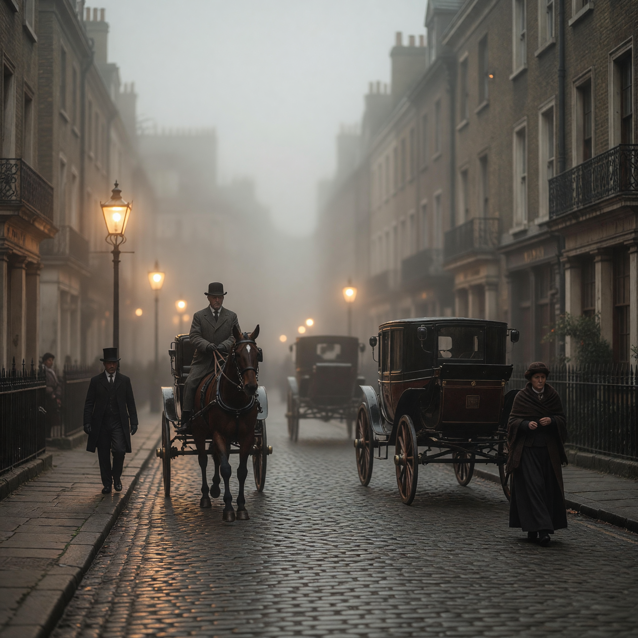 Foggy 1890s London Street with Horse-Drawn Carriages and Gaslights