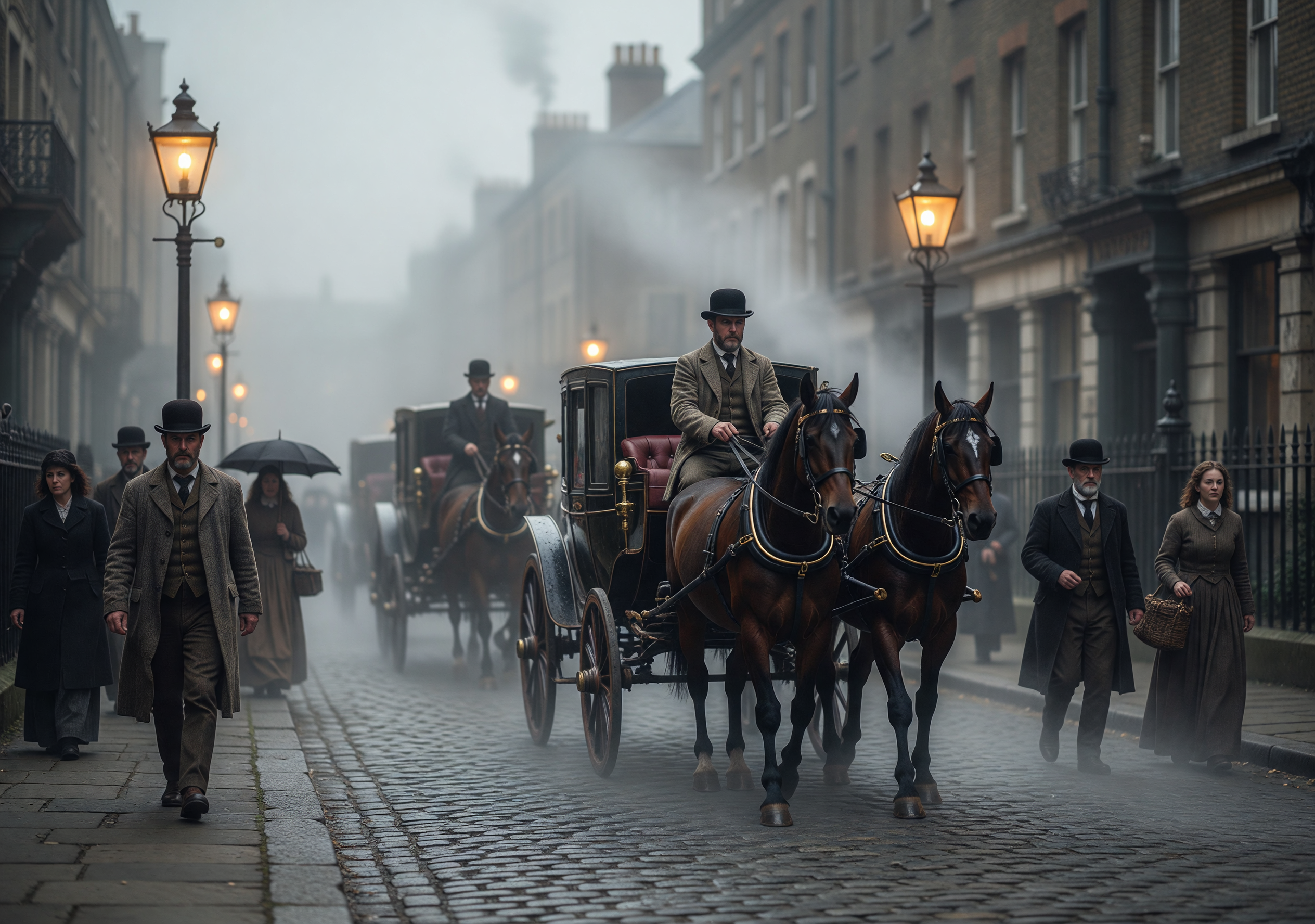 Foggy 1890s London Street with Horse-Drawn Carriages and Gaslights