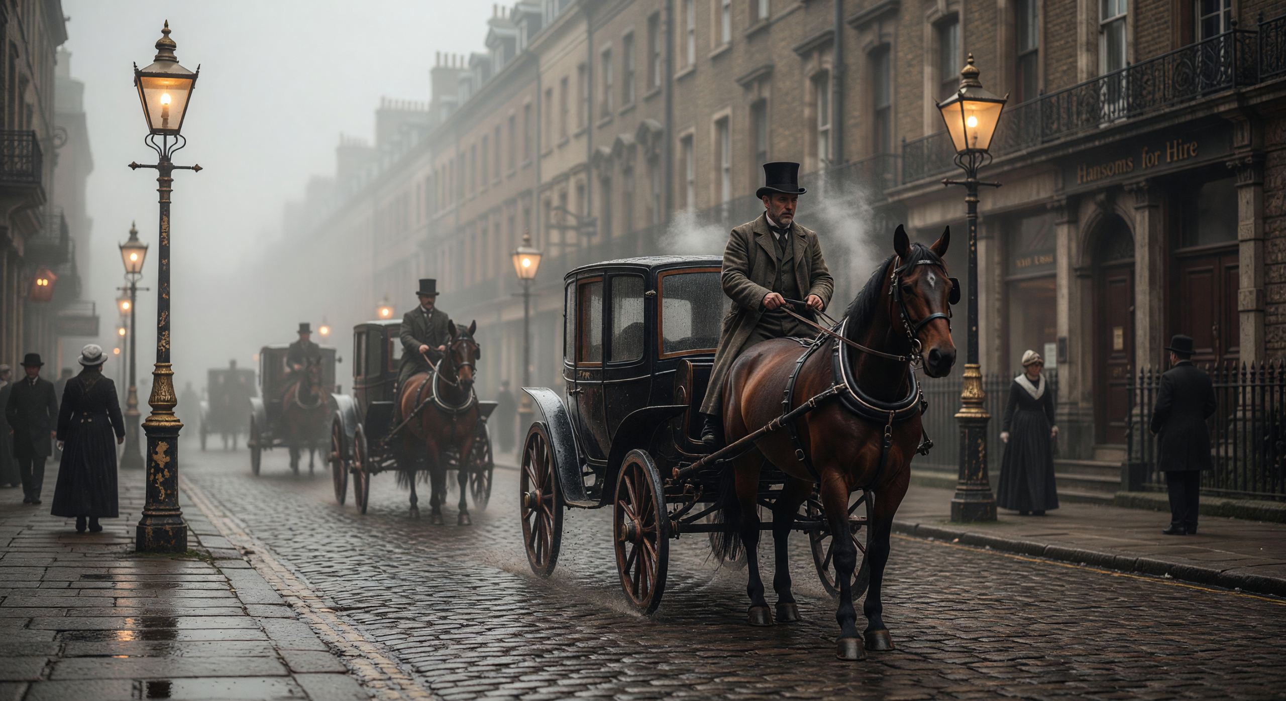 Foggy 1890s London Street with Horse-Drawn Carriages at Dusk