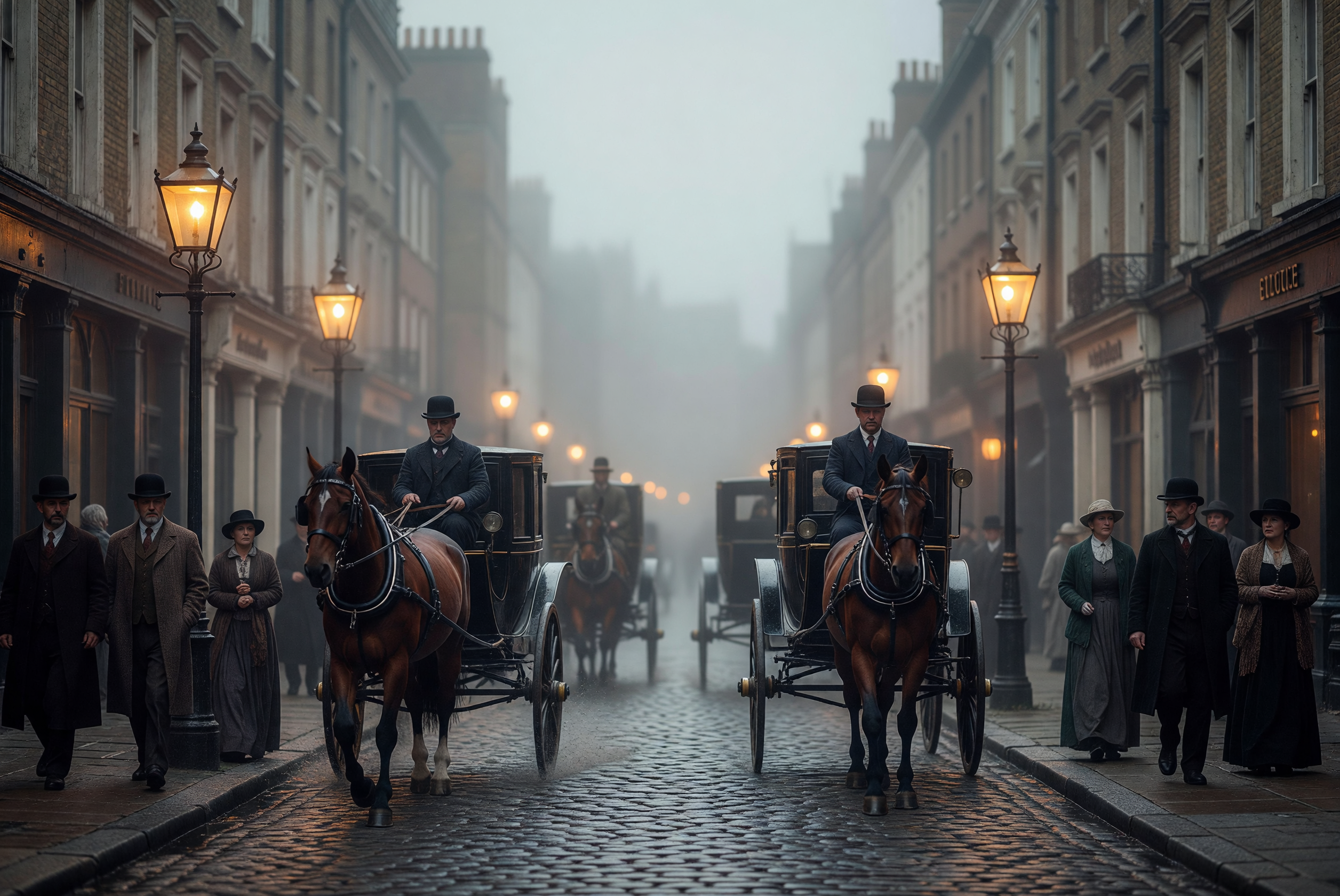 Foggy 1890s London Street with Horse-Drawn Carriages at Night