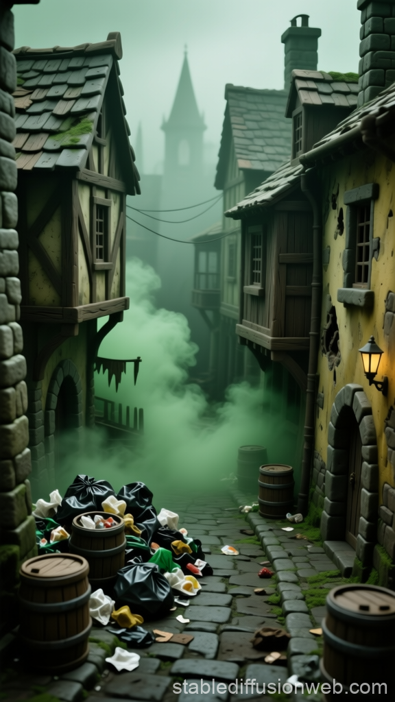 Foggy Medieval Alley with Trash and Barrels