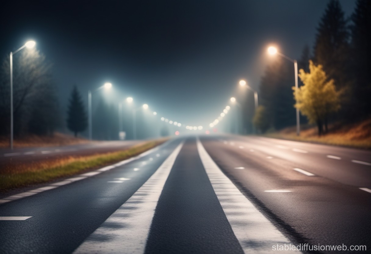 Foggy Night on an Empty Highway with Streetlights