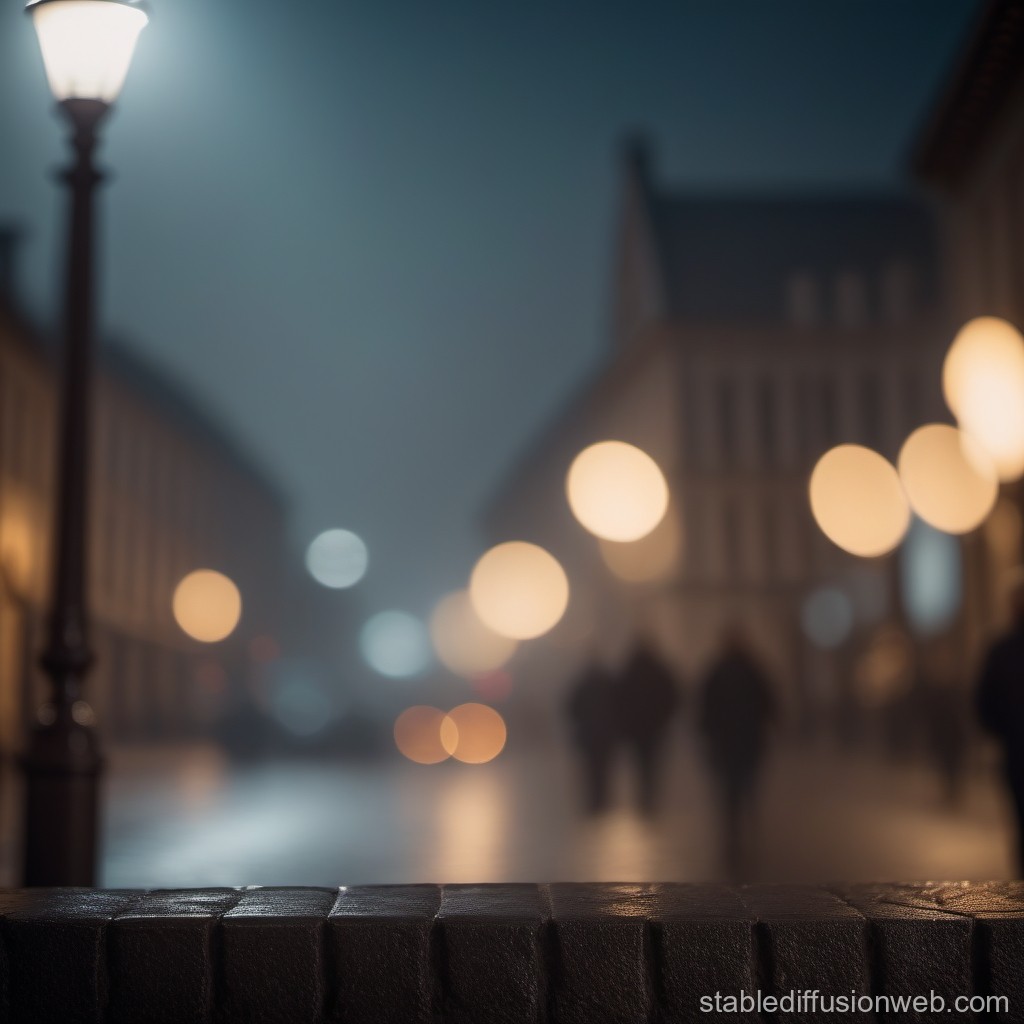 Foggy Night Street with Blurred Lights and Silhouettes