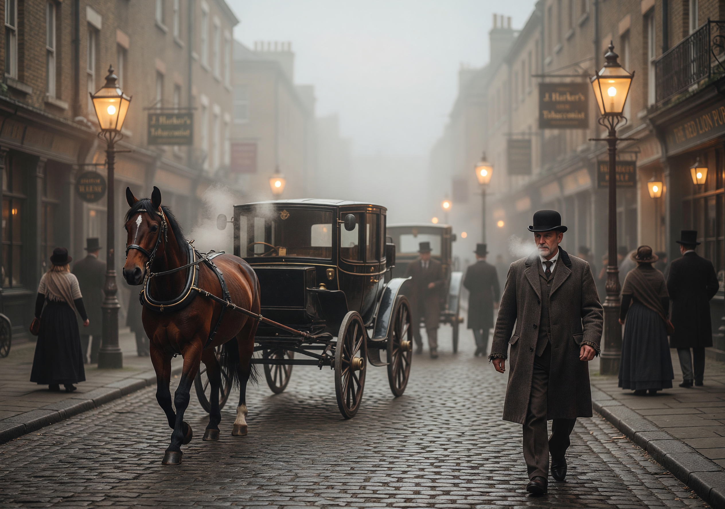 Foggy Victorian London Street with Horse Carriage and Gentleman