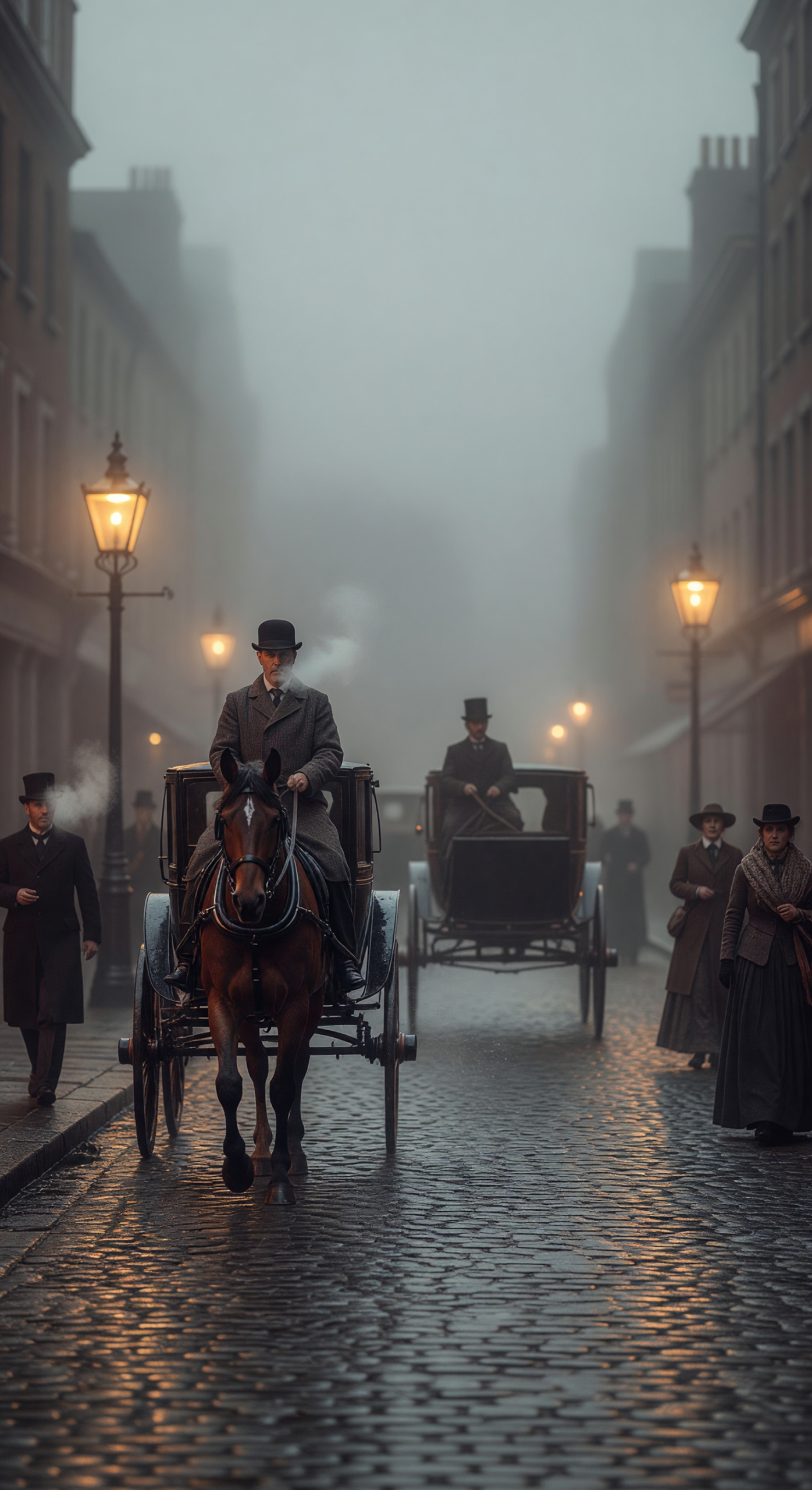 Foggy Victorian London Street with Horse-Drawn Carriages