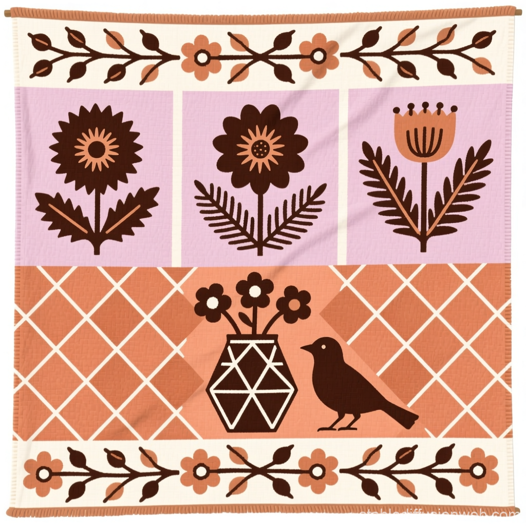 Folk Art Textile Tapestry with Floral and Bird Motifs