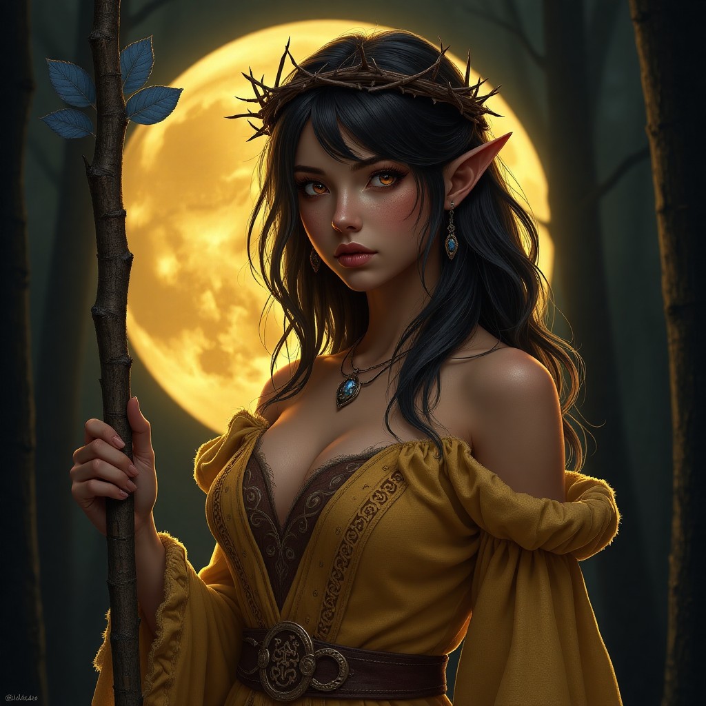 Forest Elf Woman with Moonlit Background