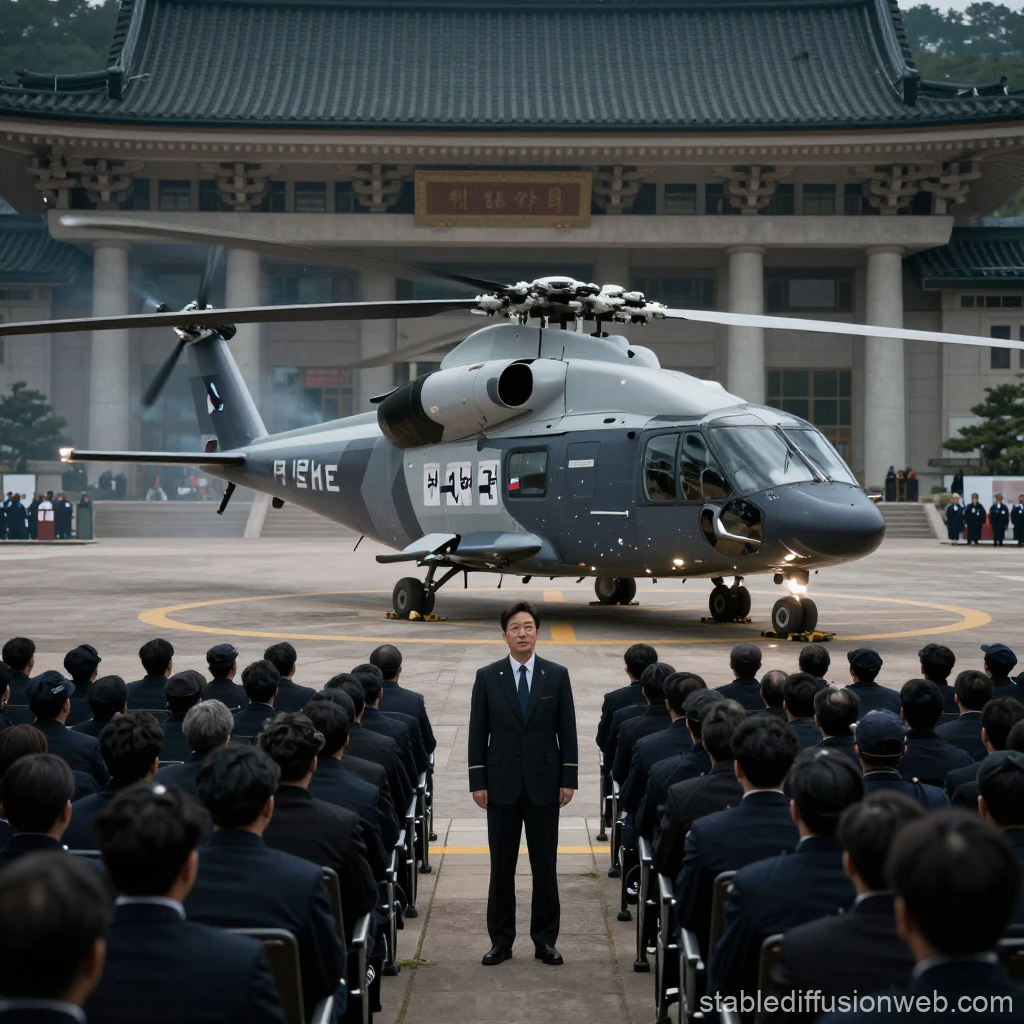 Formal Assembly with Helicopter in Front of Traditional Building