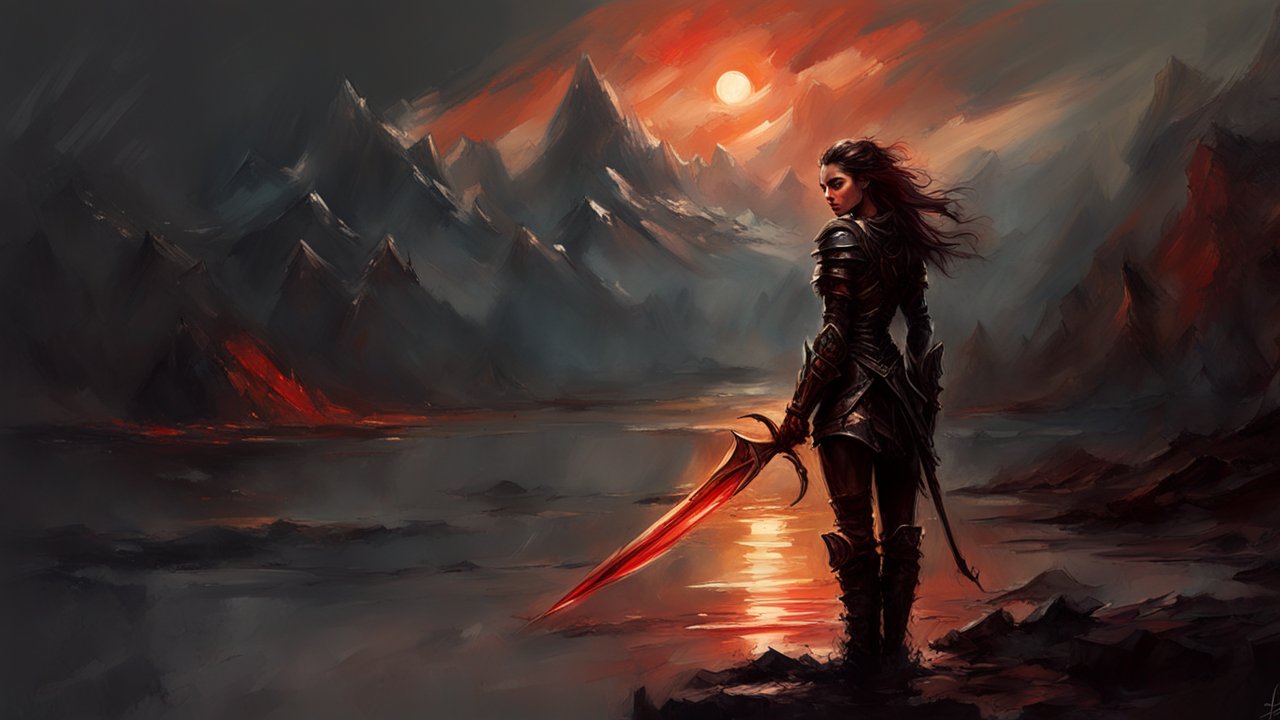 Formidable Warrior Girl at Fiery Mountain Lake