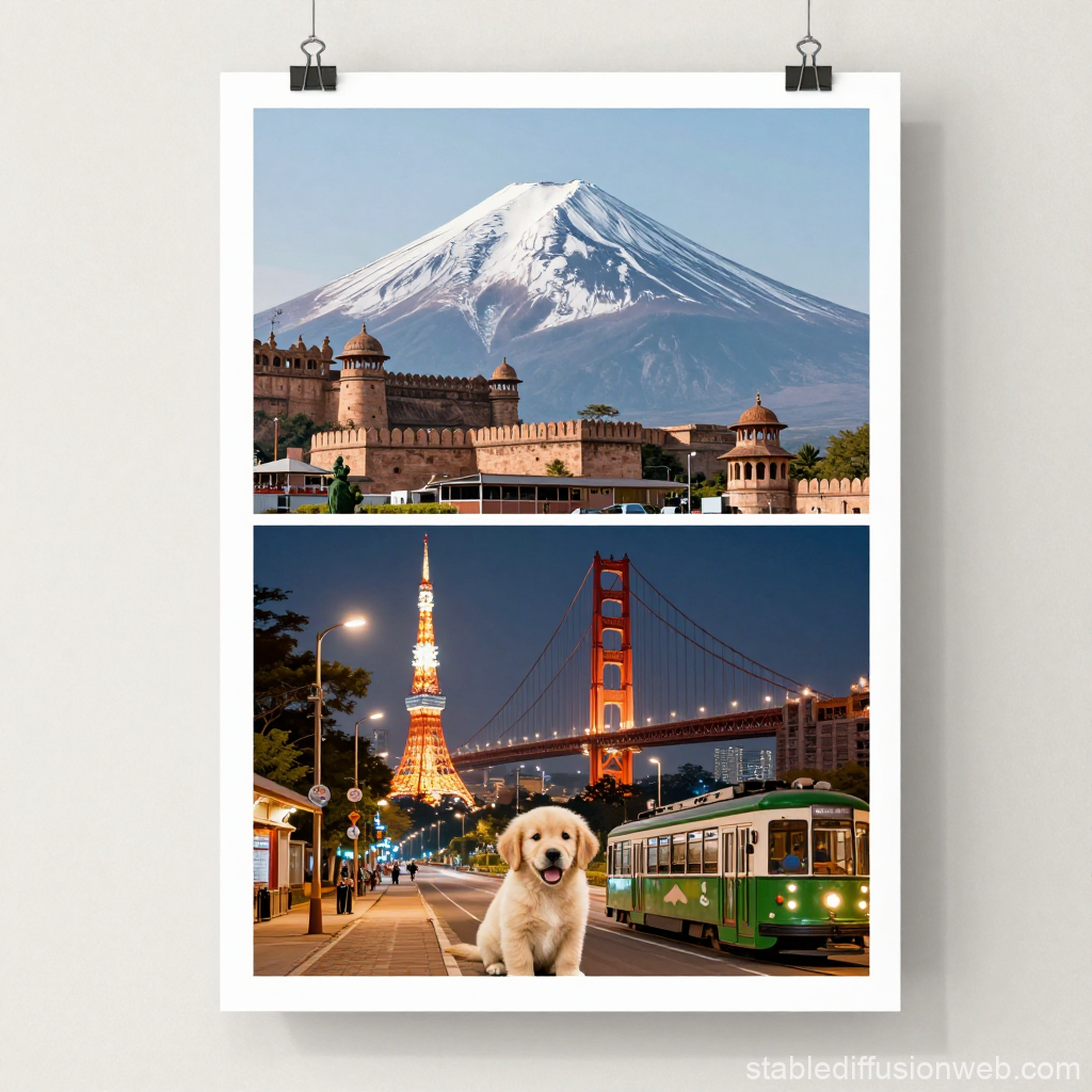 Fortress with Snowy Mountain and Night Cityscape with Puppy