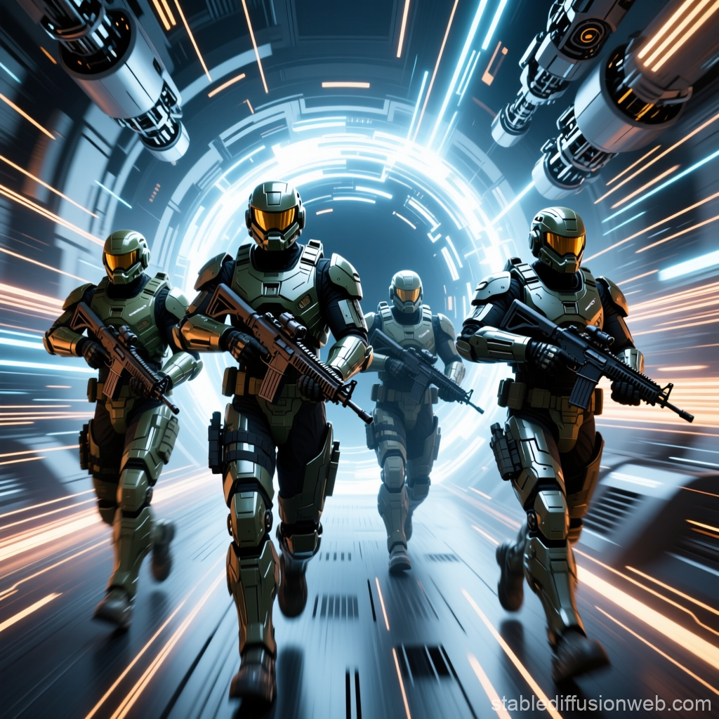 Four Armed Soldiers Emerging from Futuristic Portal