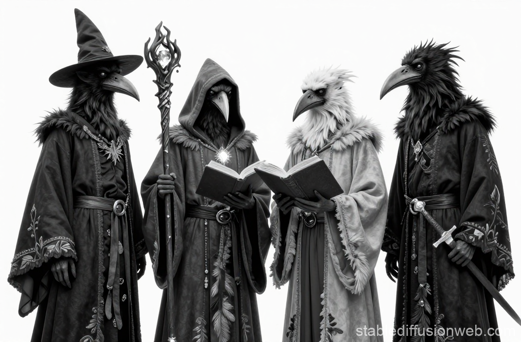 Four Kenku Wizards in Detailed Robes