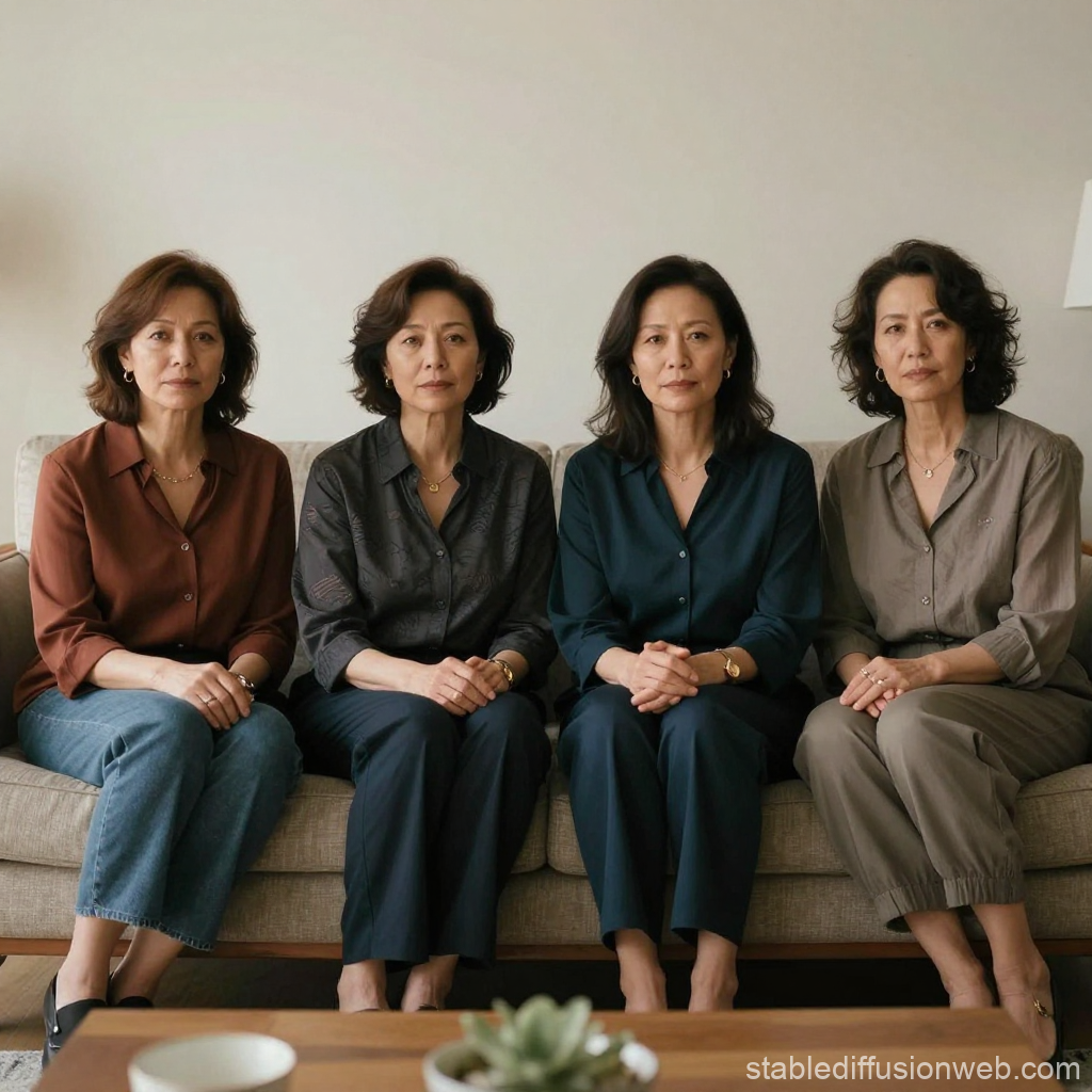 Four Middle-Aged Women Sitting Together on Sofa