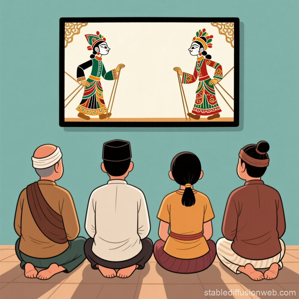 Four People Watching Traditional Shadow Puppet Show