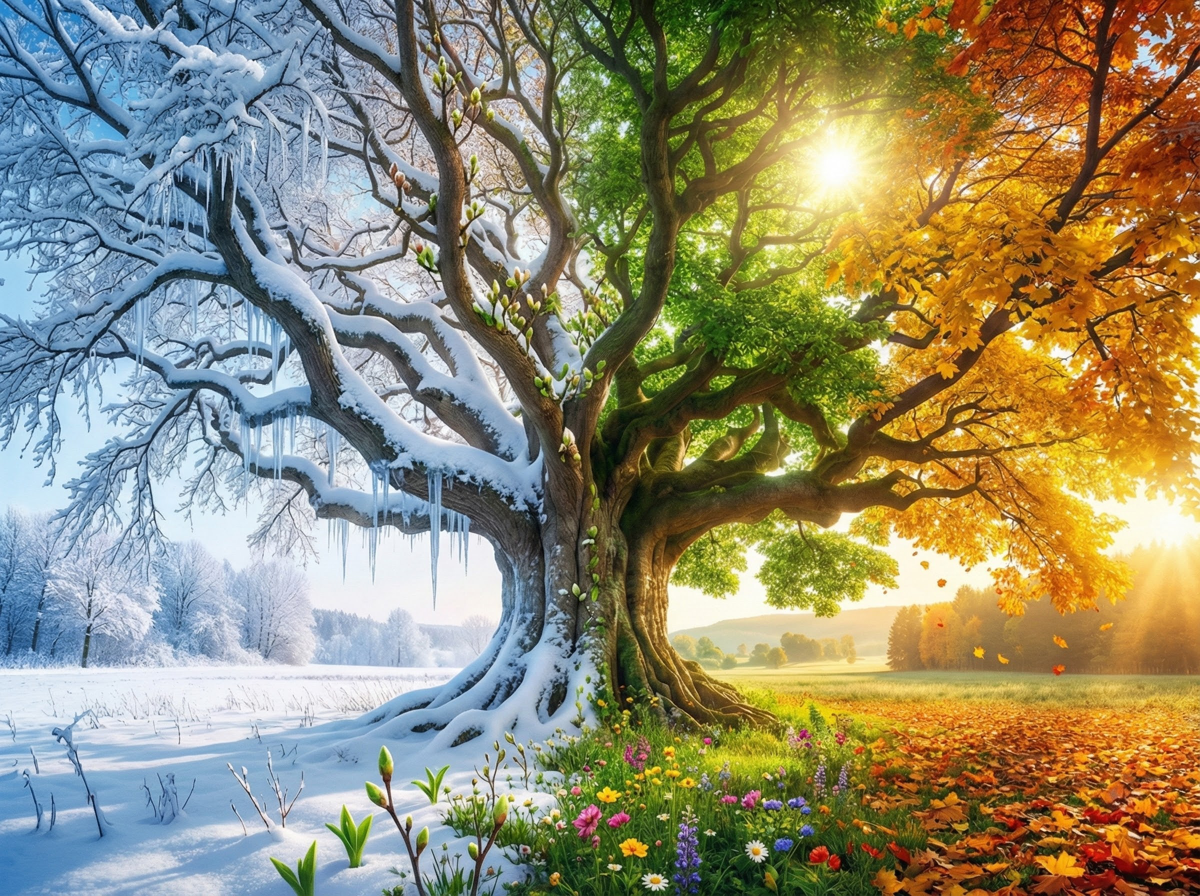 Four Seasons Tree in Hyper Realistic Digital Illustration