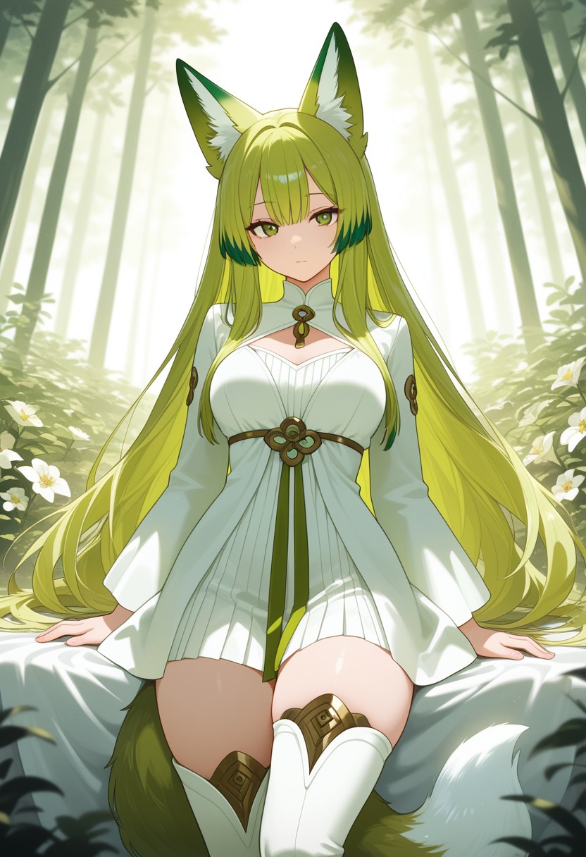Fox-Eared Anime Girl in White Dress Sitting in Forest