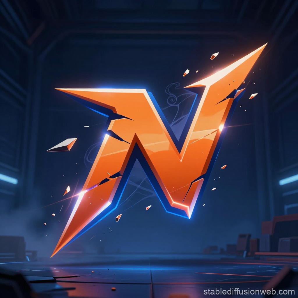 Fragmented Orange Gaming Logo N in Futuristic Setting