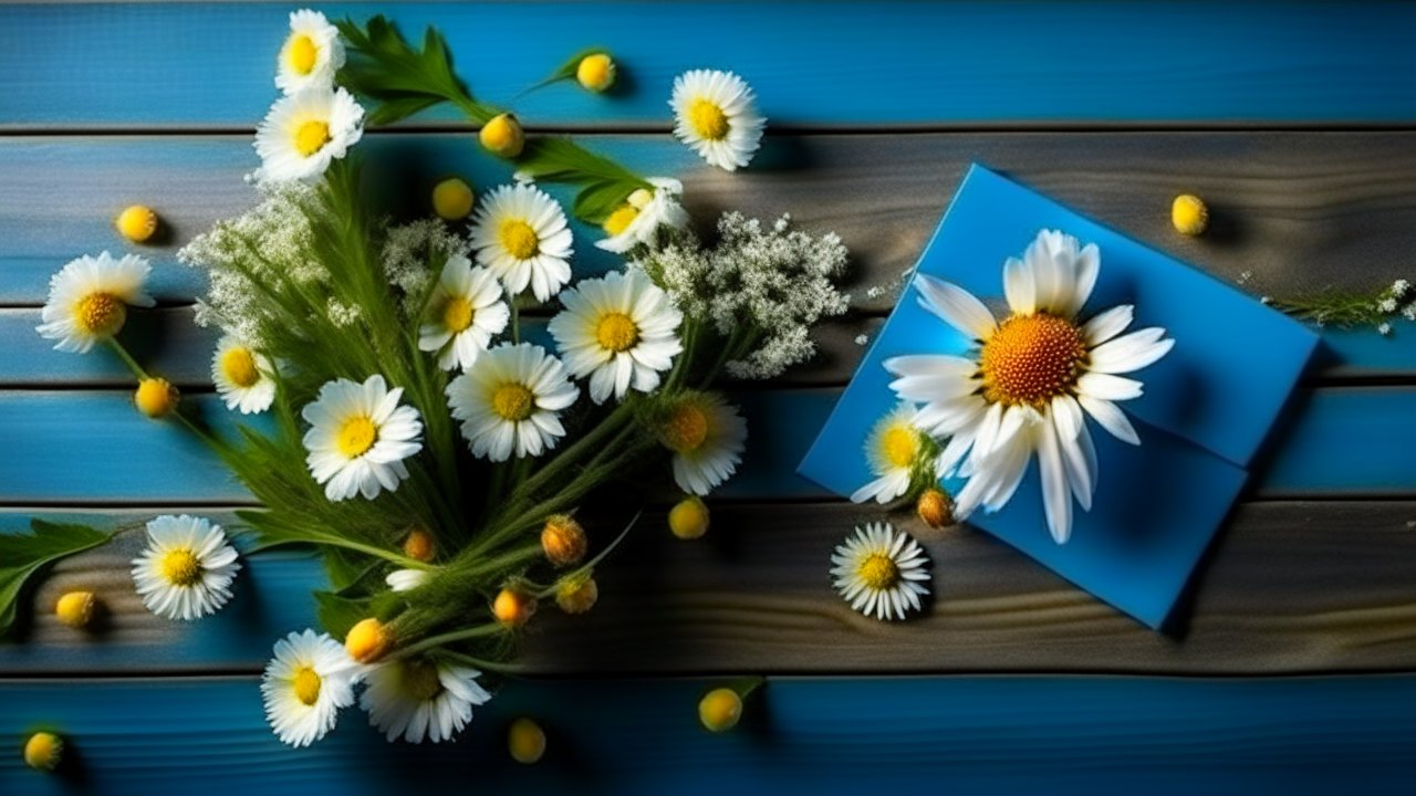 Fresh Camomile Flowers Bouquet on Blue Wooden Surface
