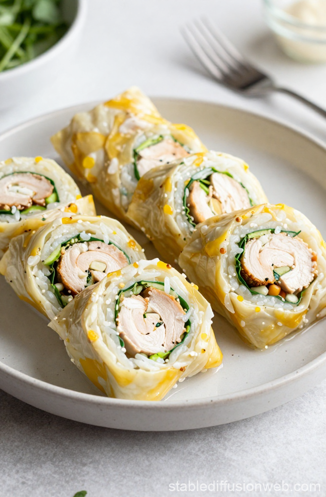 Fresh Chicken Rice Paper Rolls on Plate