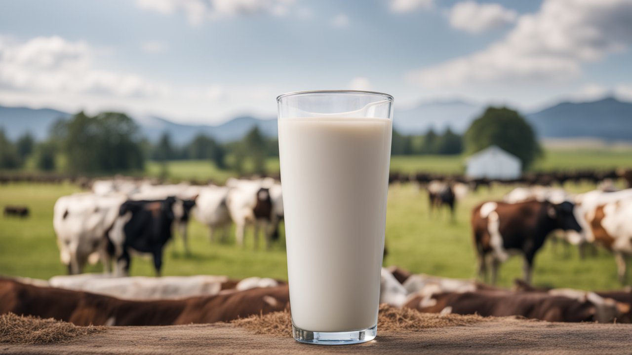 Fresh Glass of Milk with Pasture Background