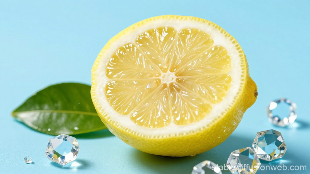 Fresh Lemon Half with Crystal Drops on Blue Background